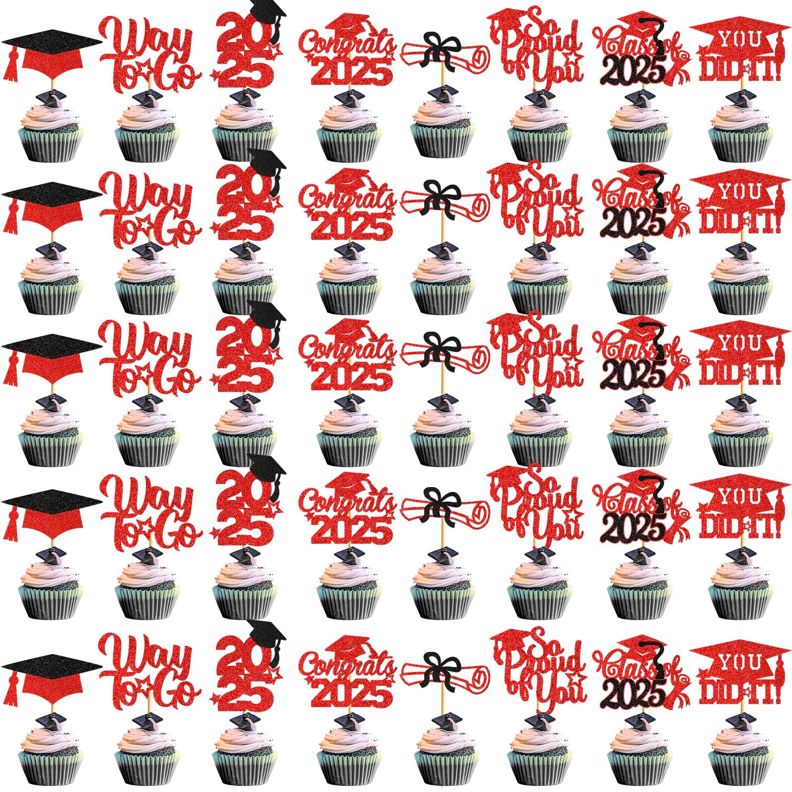 40Pcs Red and Black Graduation Cupcake Toppers 2025 Graduation Decorations Class of 2025 Cupcake Toppers 2025 Congrats Grad Cap Cupcake Picks Graduation Party Decorations 2025