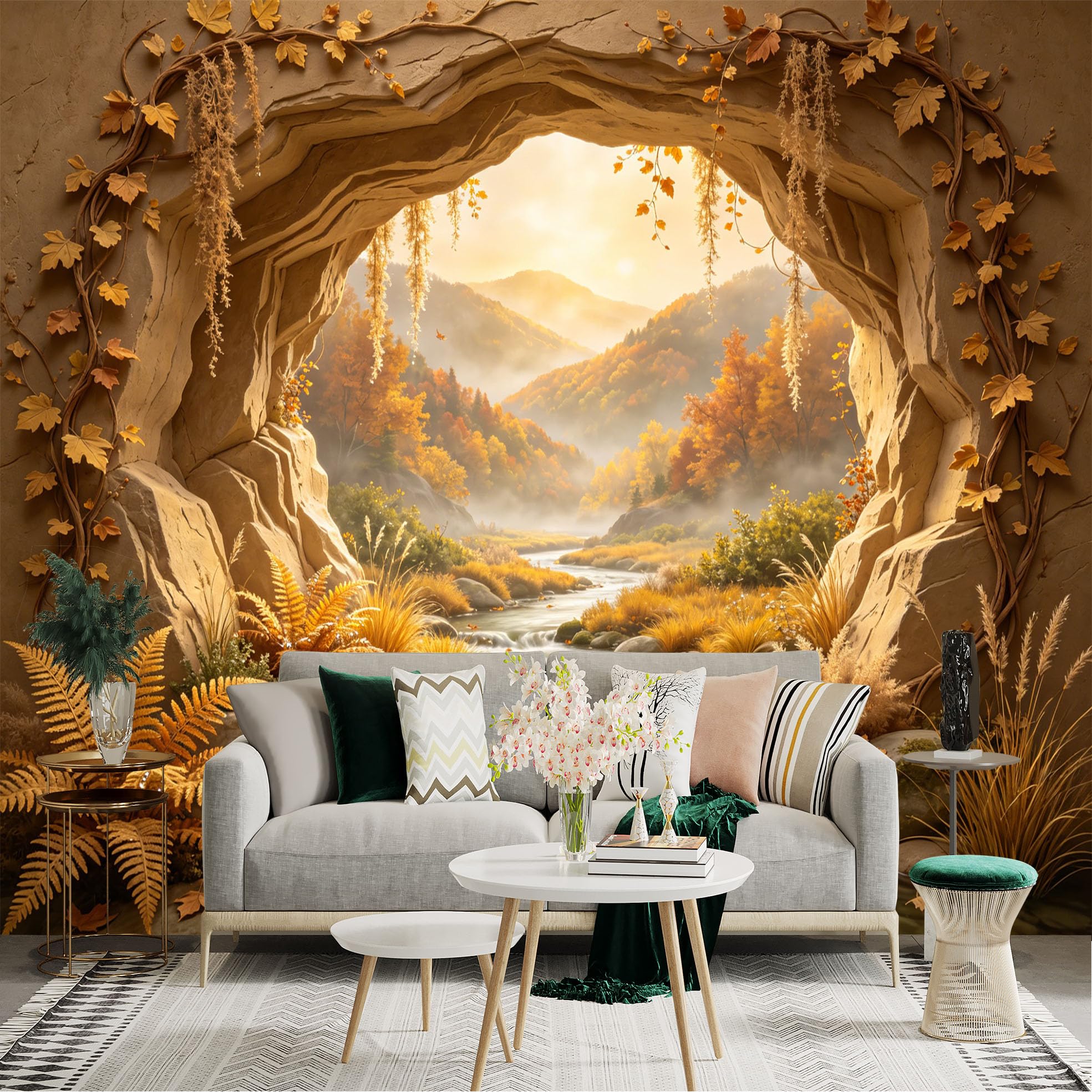 Custom Size Wall Sticker Mural， Autumn Forest River Valley with Golden Leaves and Mountain Scenery， for wall Decoration， peelandstick wall Decals.