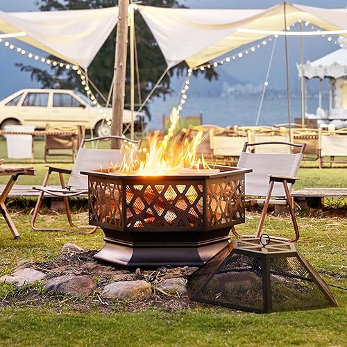 Miniatura 9 de Topeakmart Pozo de fuego para exterior de 26 pulgadas en forma hexagonal para exteriores, chimenea de leña para exteriores, patio, campamento,