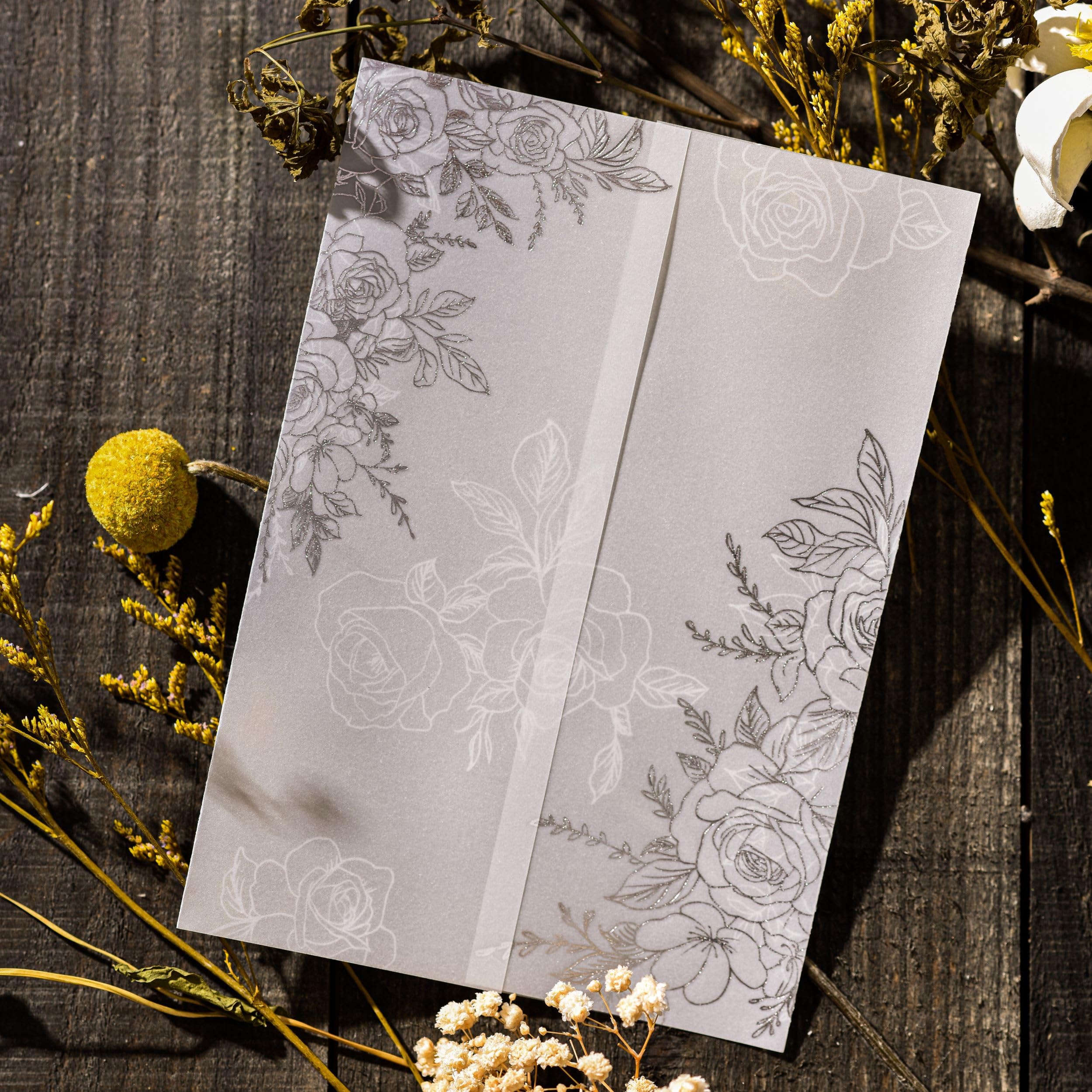 Puremigo 50 Pack Pre-Folded Vellum Jackets for 5x7 Invitations - Silver Rose - 115GSM Vellum Paper 5x7 Jackets - Vellum Wedding Invitations Wraps - Transparent Wedding Invitations Jacket