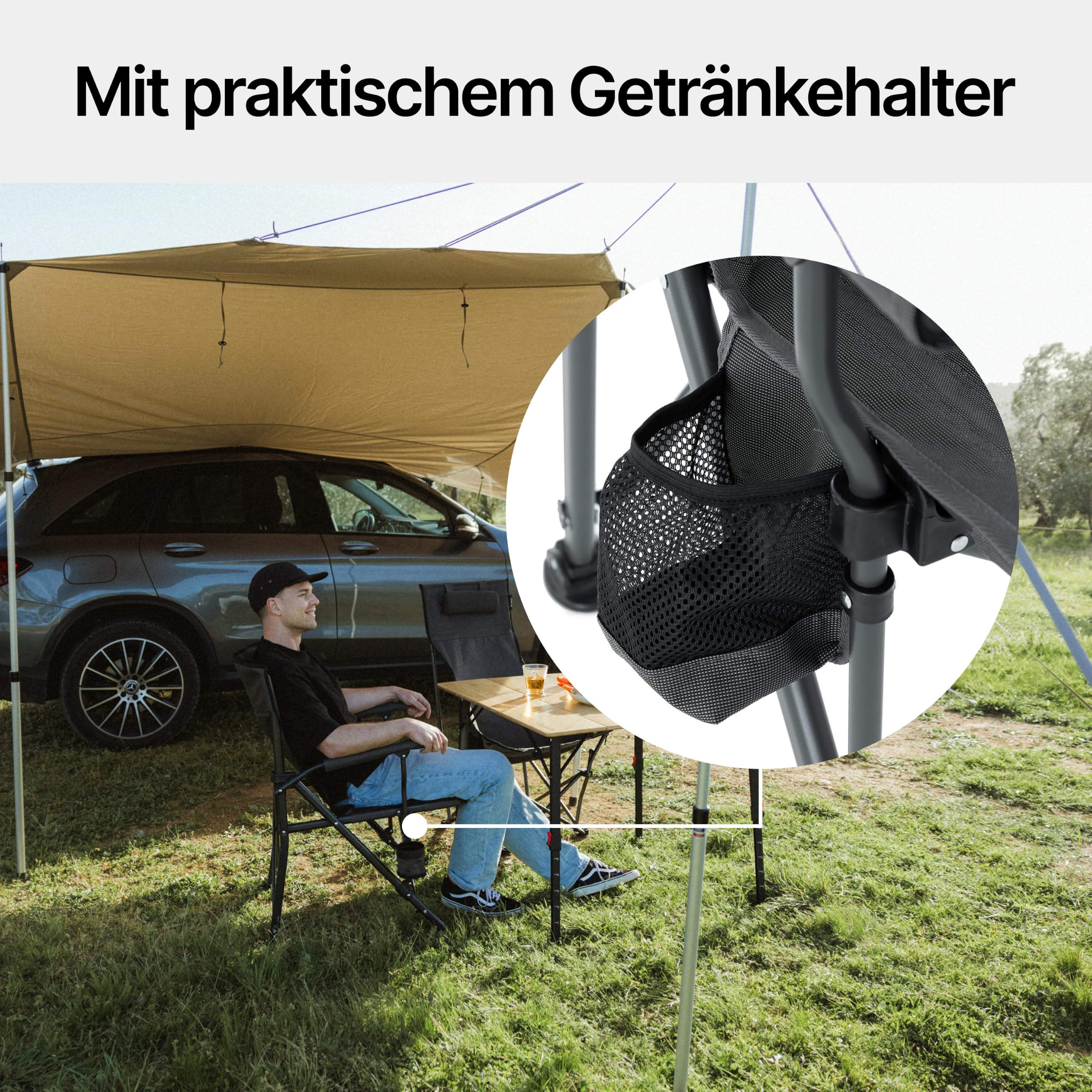 qeedo Johnny Jumbo, Stabiler XXL Campingstuhl bis 250 kg belastbar, mit Armlehnen, Getränkehalter, Kühltasche und robustem Stahlgestänge, Angelstuhl, faltbar, langlebig