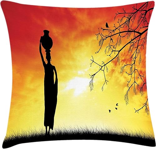 Ambesonne Funda de cojín africana, silueta de una dama local con maceta en la cabeza al atardecer, ilustración de Savannah, funda de almohada