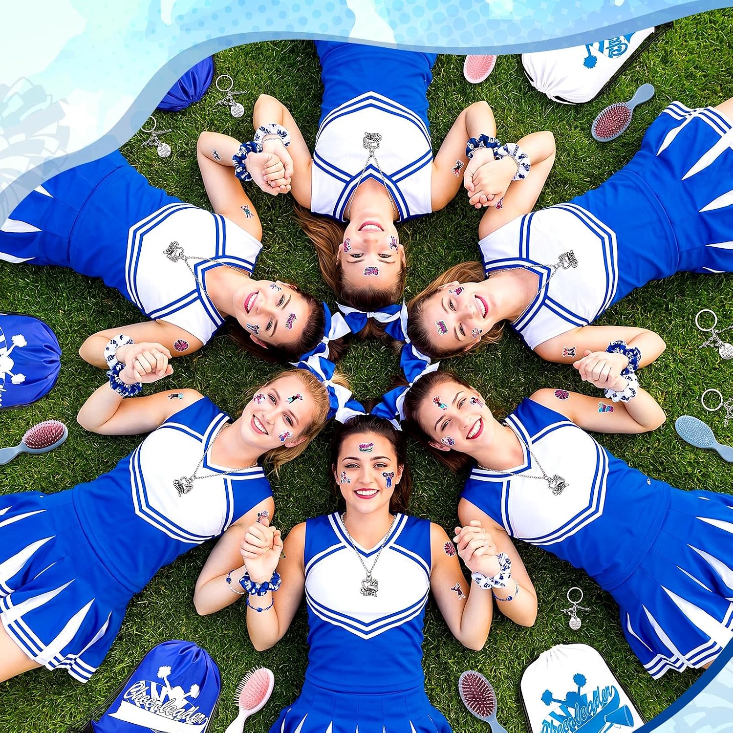 Kenning 74 Pcs Cheerleader Gifts Set Cheerleading Lovers Gift for Women Drawstring Bag Hair Ties Cushion Hair Brush Necklace Bracelet Keychain Cheerleader Stickers for Fans Team Sports(Blue)