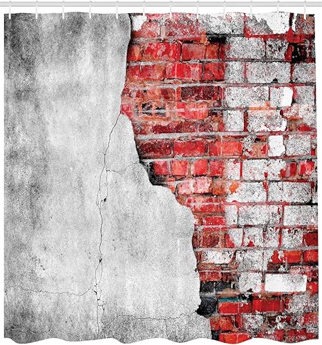 Miniatura 2 de Ambesonne Cortina de ducha roja y negra, pared de casa espeluznante agrietada con azulejos Grunge Street Art Imagen, juego de decoración de baño de
