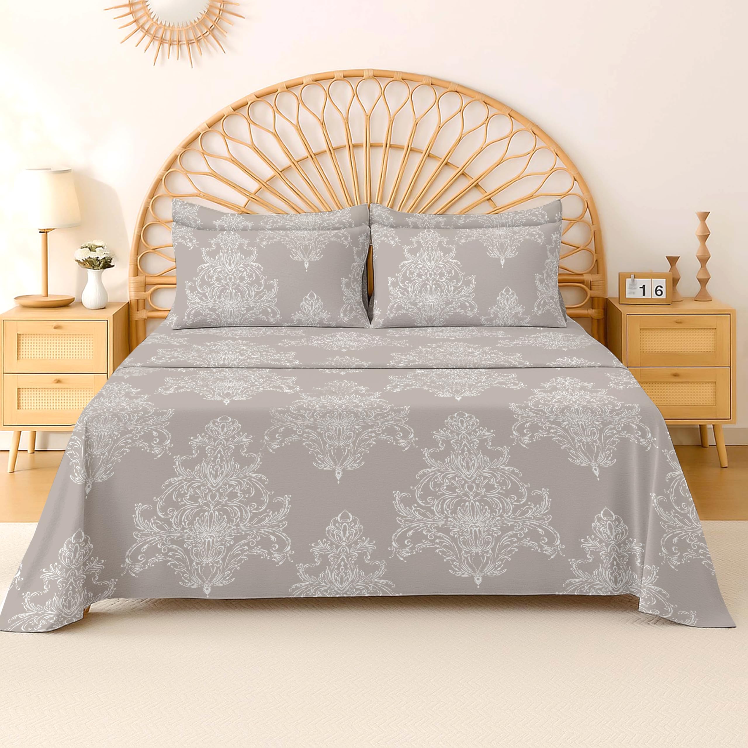 EverSoft Bedding 100% Egyptian Cotton Flat Sheet Single Size, 400 Thread Count Soft Cooling Floral Print Top Sheet, Premium Flower Design Bed Sheet for Single Bed - Beige Bliss