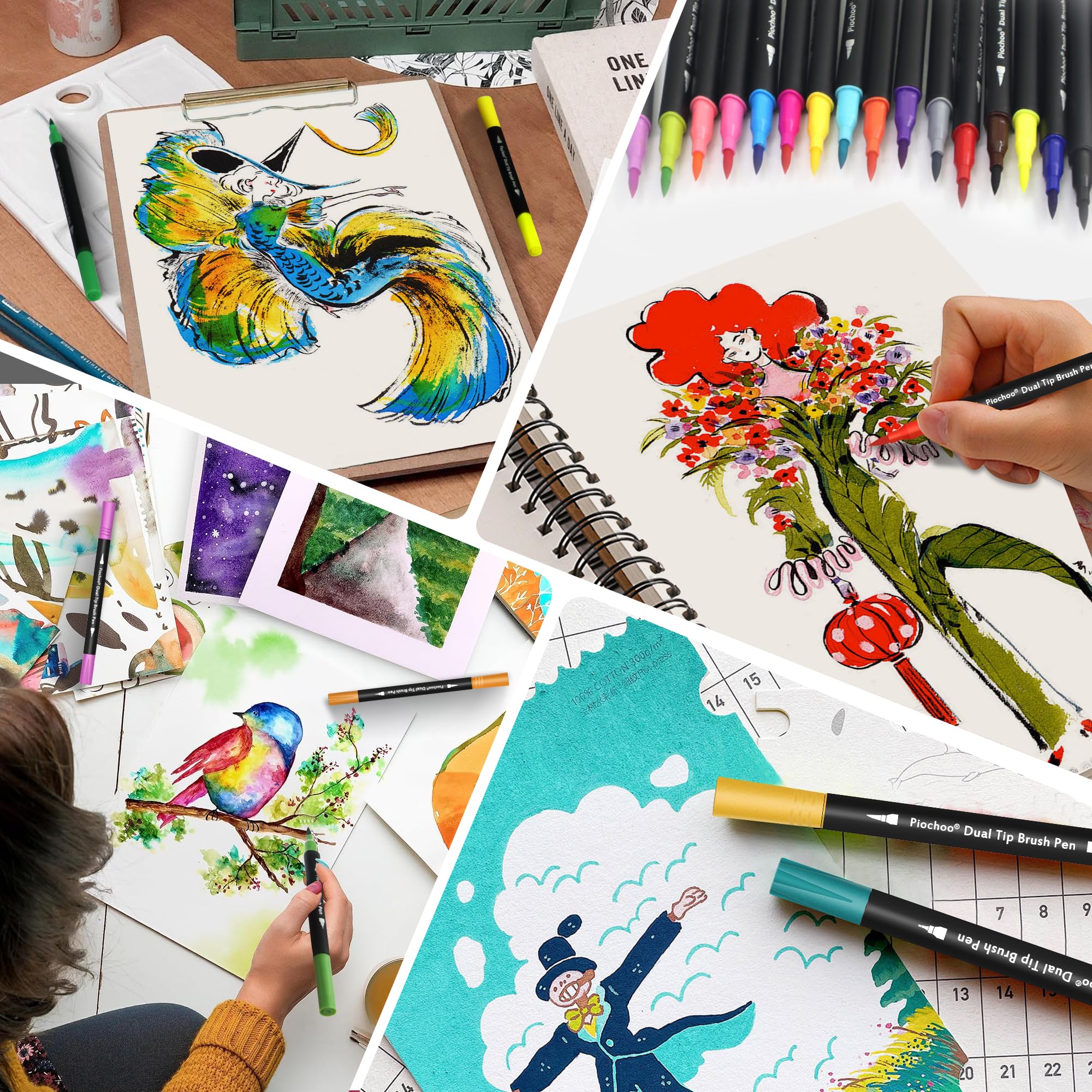 Piochoo Marker, 18 Farben, Dual-Pinsel-Marker, feine Spitze und Pinselspitze, Marker für Erwachsene, Malbücher, kein Verlaufen, Schulklassenzimmer, Kunstbedarf