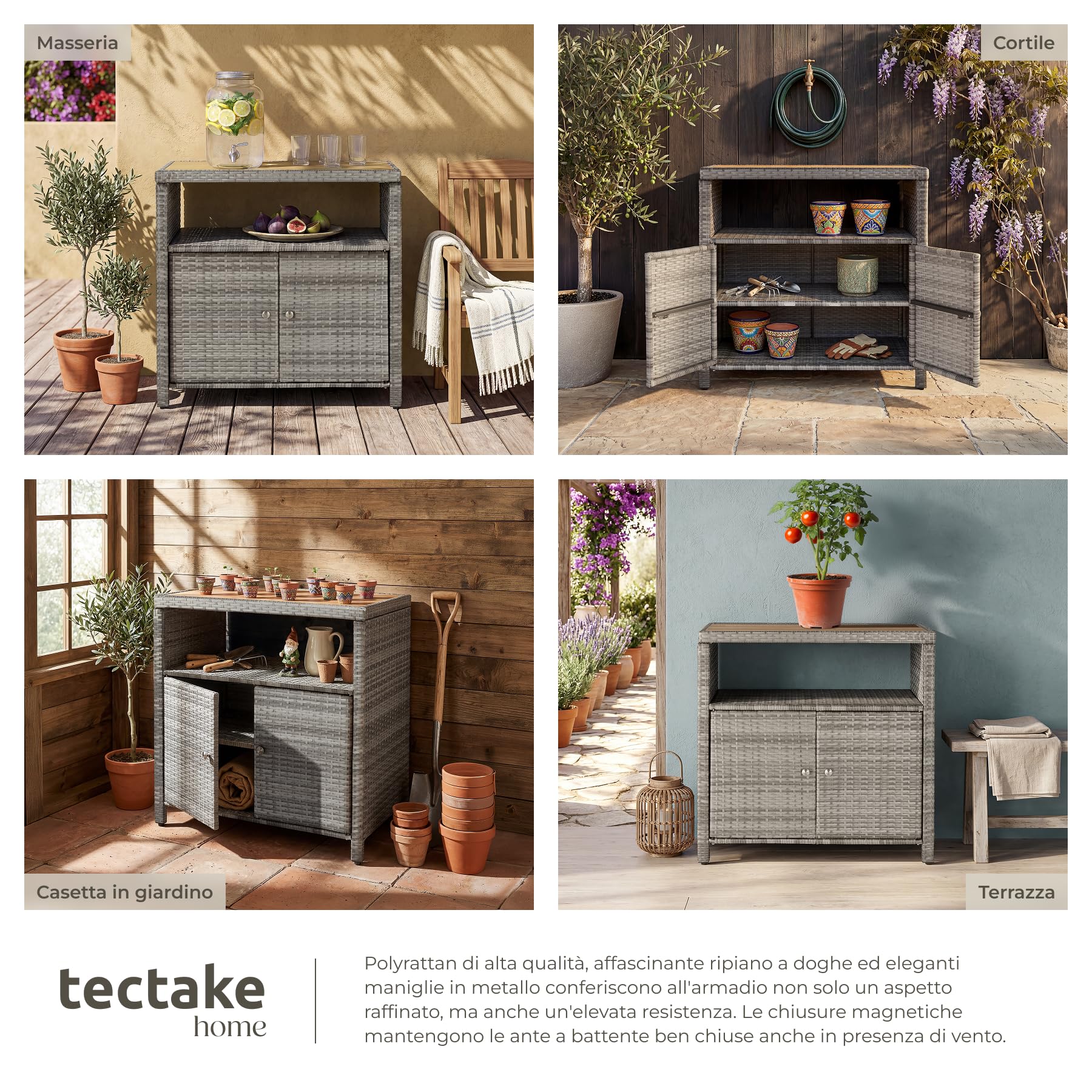 tectake® Armadietto da Giardino in Rattan e WPC, 90 x 55,5 x 87 cm, Mobile da Esterno, 2 Ante, Vano Aperto, Resistente alle Intemperie, Piedini Regolabili, Ideale Arredo Giardino e Terrazzo - Grigio