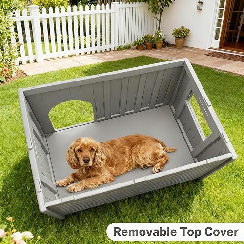 Miniatura 2 de Casa aislada para perros para interiores y exteriores, refugio elevado de plástico resistente a la intemperie, fácil de montar, interior expansivo,