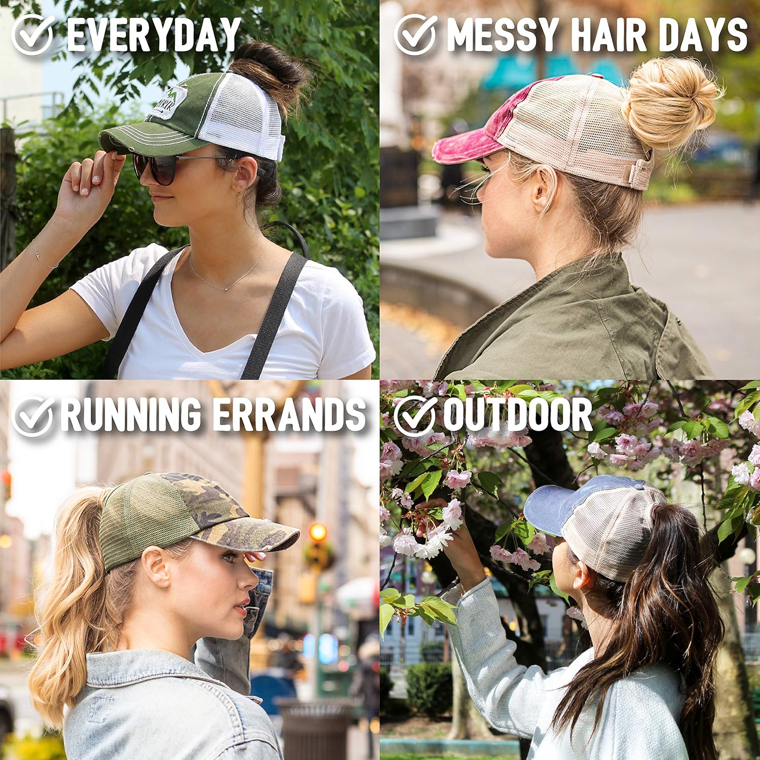 Ponyflo Ponytail Hat with Mesh Back, Patented Women’s Ponytail and Messy Bun Ponycap with Full Back Opening