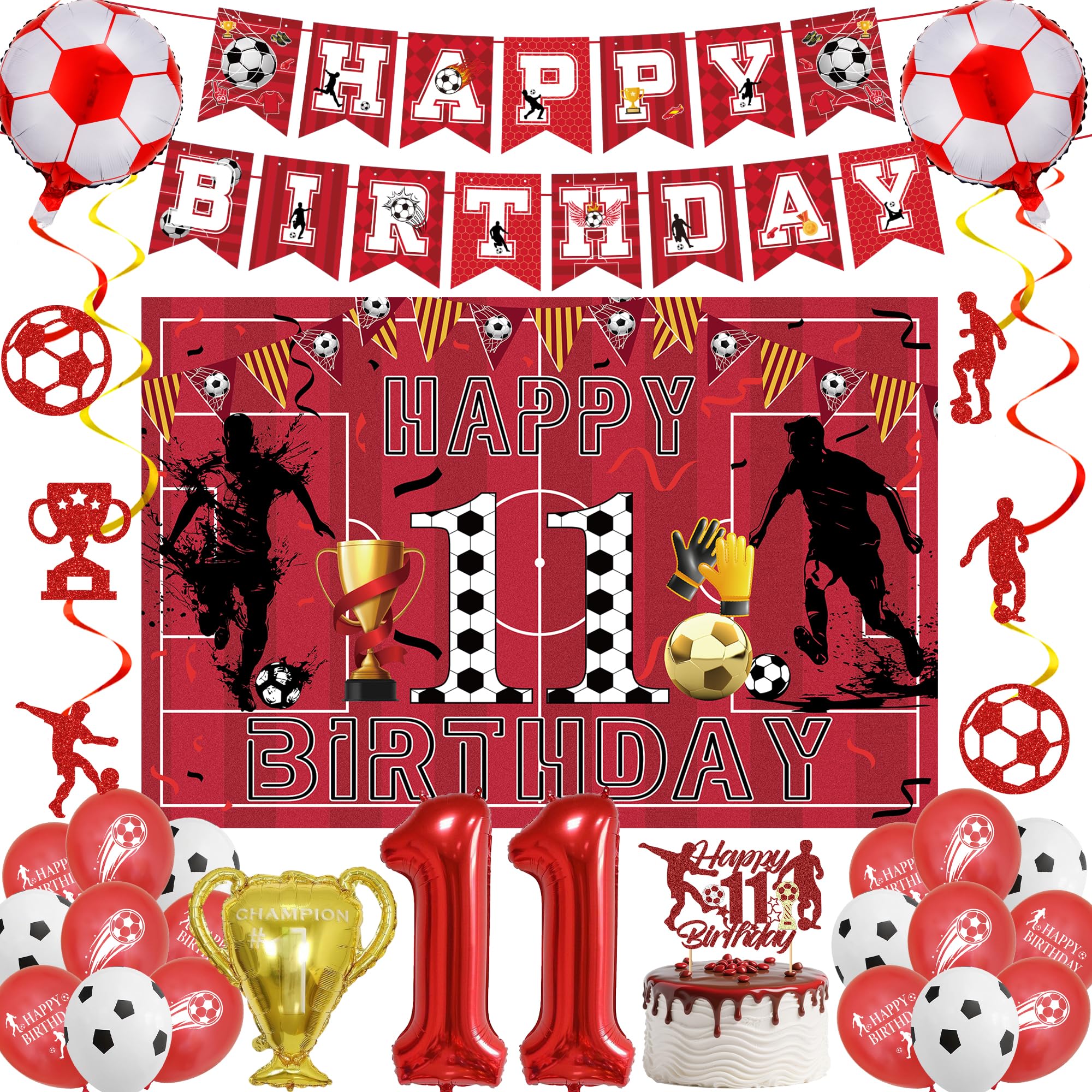 LPPIIUSSU Football 11th Birthday Party Decorations - 33 Pcs Red Soccer Party Happy Birthday Banner Hanging Swirls Backdrop Latex Foil Balloons For Fans Sports Theme 11 Years Old Party Supplies
