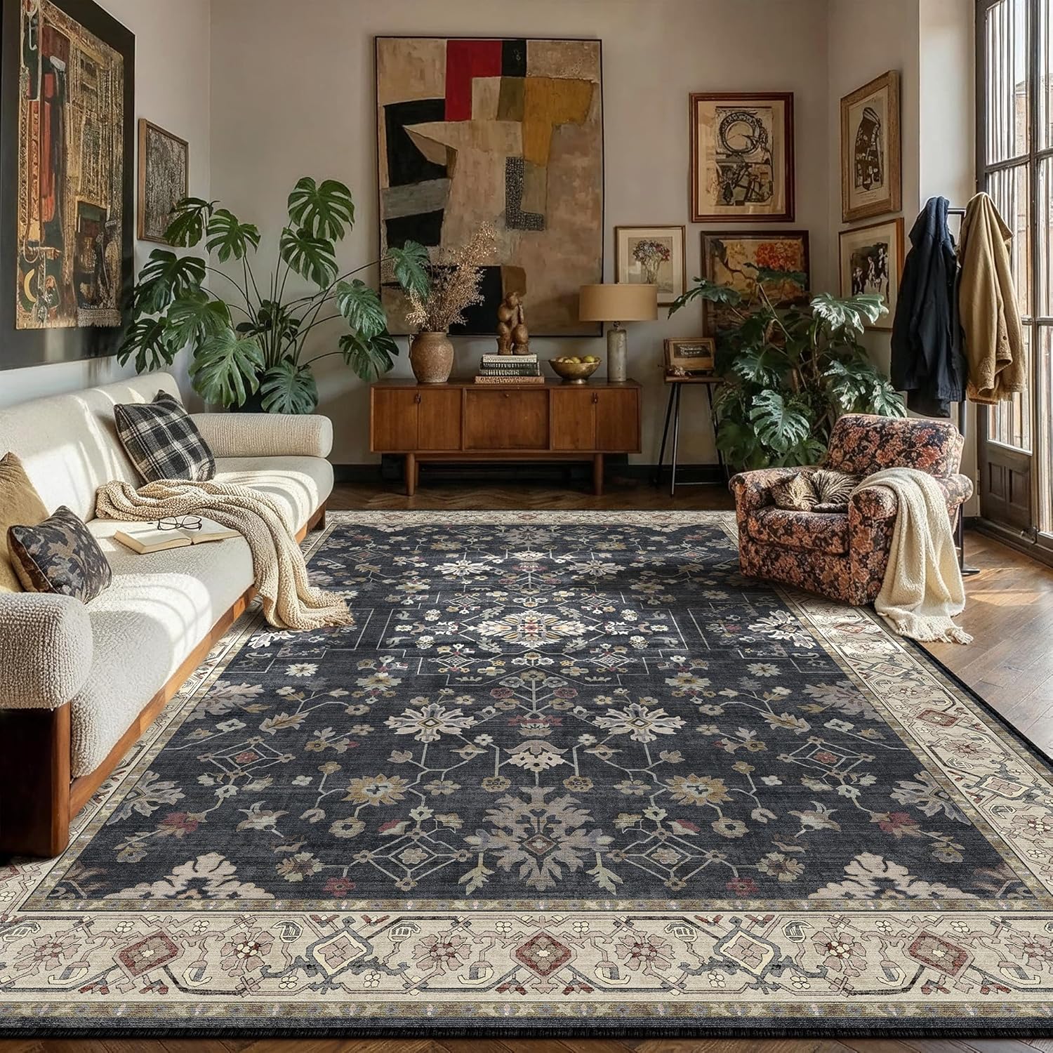 Black 8x10 Area Rug Washable Vintage Carpet Living Room Large Indoor Bedroom Non Slip Low Pile Thin Soft Stain Resistant Accent Throw Rug Dining Office Kitchen Table Rug for Under Table - Amazon product rated Grade B