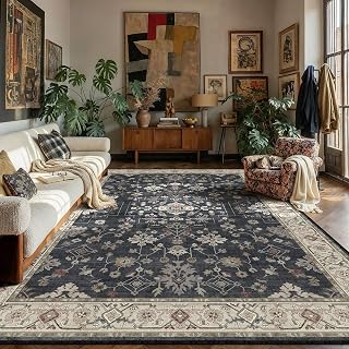 PureCozy Black 8x10 Area Rug Washable Vintage Carpet Living Room Large Indoor Bedroom Non Slip Low Pile Thin Soft Stain Resistant Accent Throw Rug Dining Office Kitchen Table Rug for Under Table - Amazon product rated Grade A