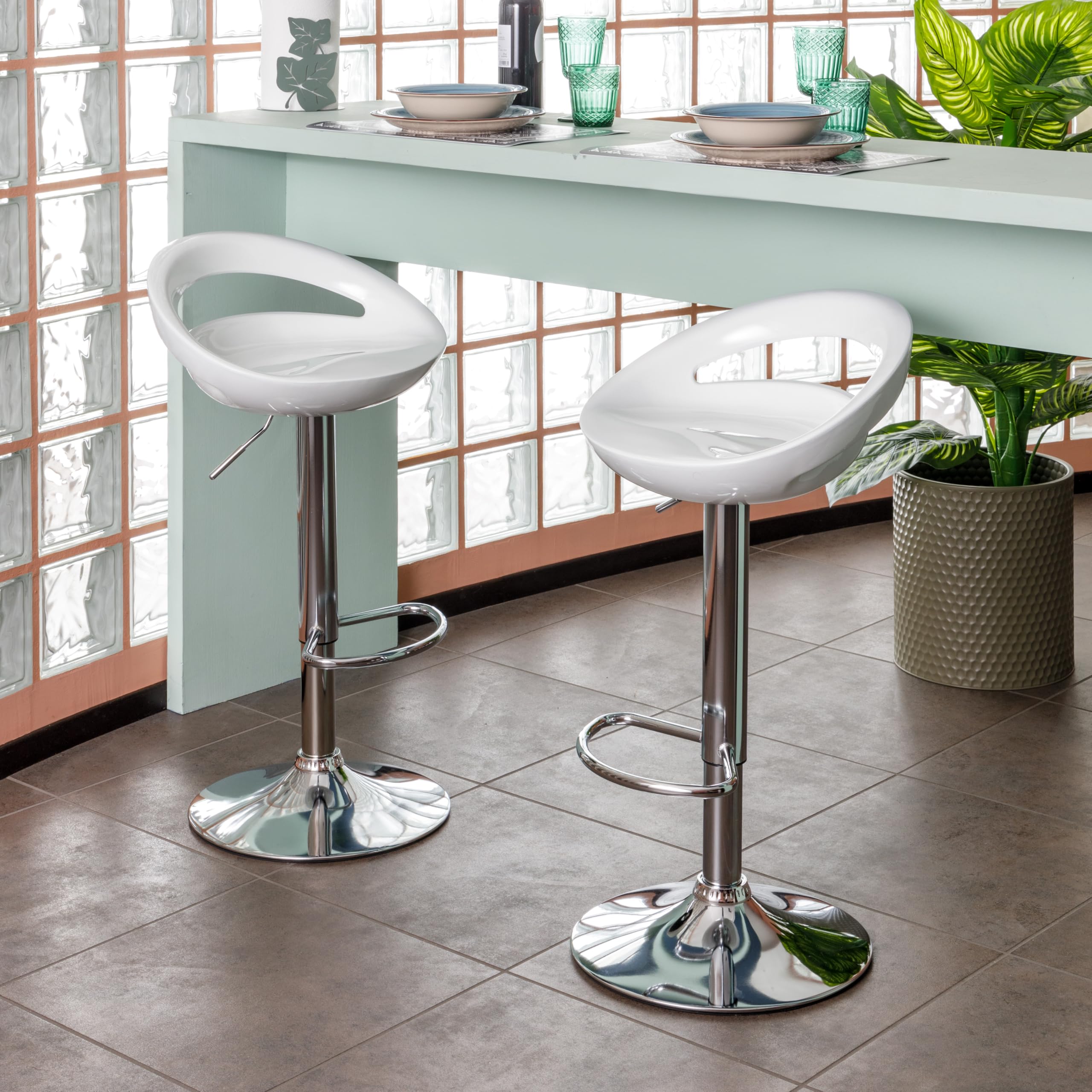 Baroni Home Sgabello Bar Girevole Altezza Regolabile, Seduta in Plastica e Schineale, Base Cromata, Poggiapiedi e Fondo Antigraffio, Sgabello Cucina e Penisola, 37x45x59-79 cm, Bianco, 1 Pezzo