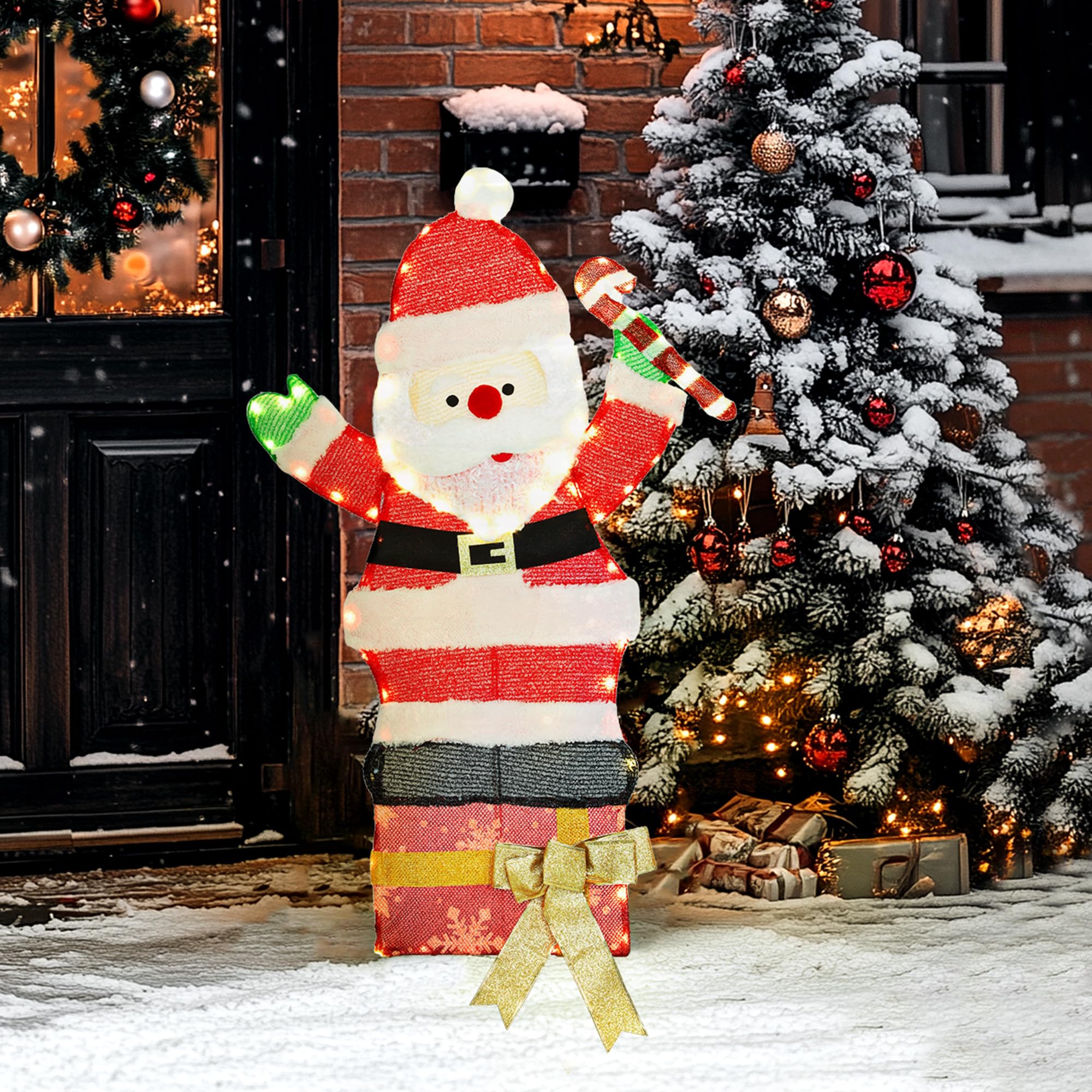 Outsunny Père Noël Lumineux de 90 cm avec 97 LED Blanc Chaud, Piquets, IP44 | Décoration Noël Personnage, Attaches Zippées, Intérieur, Extérieur