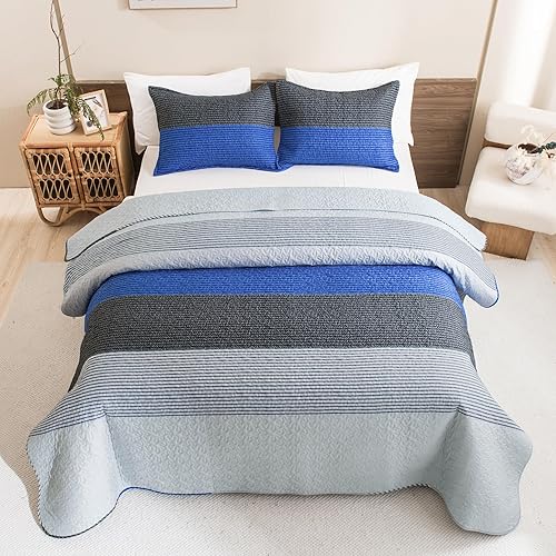 Miniatura 4 de Litanika Colcha de verano de 3 piezas, tamaño Queen, color azul y gris, diseño de retazos a rayas, juego de ropa de cama acolchado de microfibra