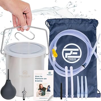 PE Premium Enema Stainless Steel Coffee Enema Bucket Kit with 5 Pack Red Latex Catheters. Suitable for Coffee and Water Colon Cleansing. 2 Quart Capacity, 6.75 Foot Long Hose, 7 Tips
