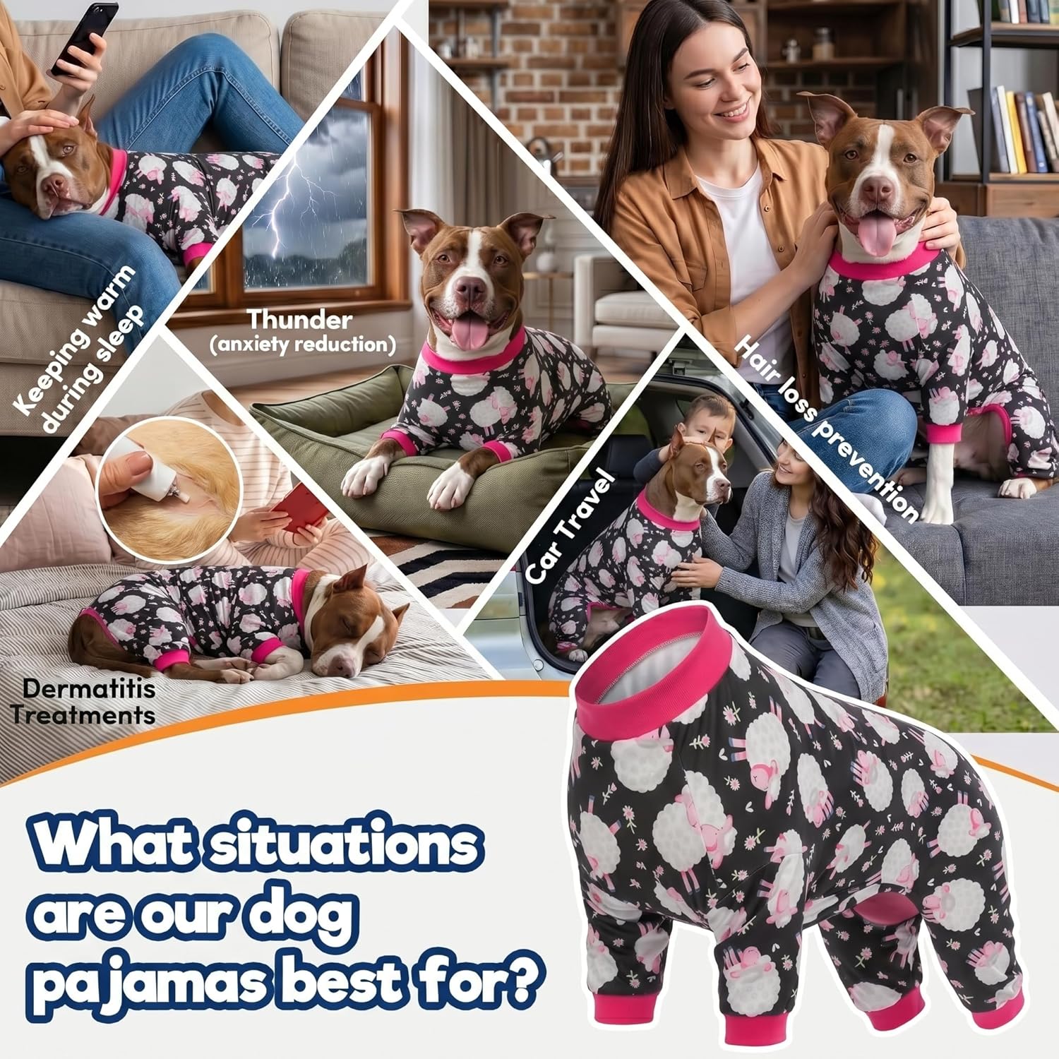 LovinPet Pet Pajamas for Large Dogs, Anxiety Calming Dog Jumpsuit, Lightweight Onesie, Black Sheep Print, Large Dog Pjs, Long Sleeve Pullover for Dogs, L