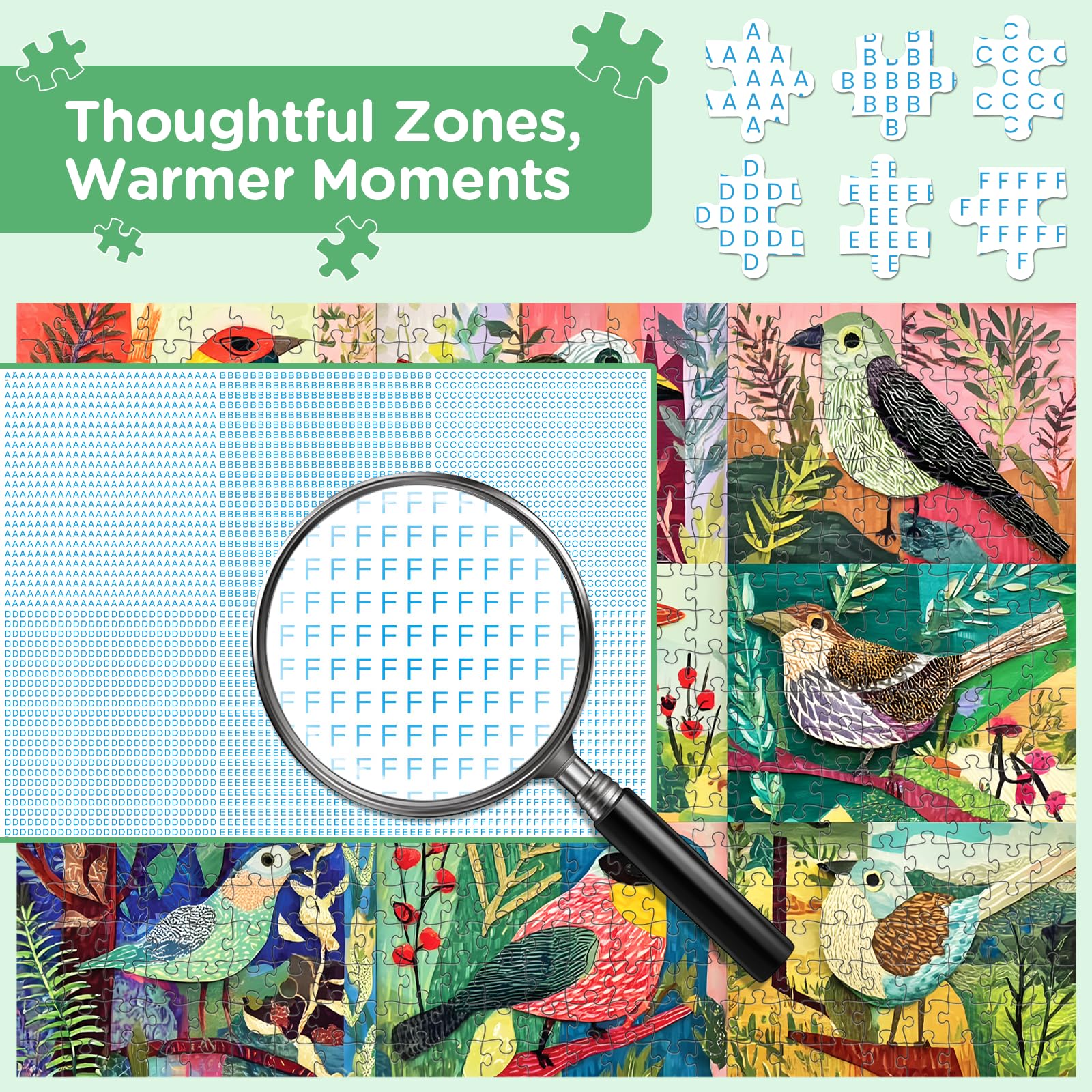 Puzzle de 500 pièces pour adultes, puzzle coloré en forme d'oiseaux pour adultes et personnes âgées, puzzle avec lettres au dos, s'emboîtent parfaitement sans poussière, cadeaux de jeu d'activités