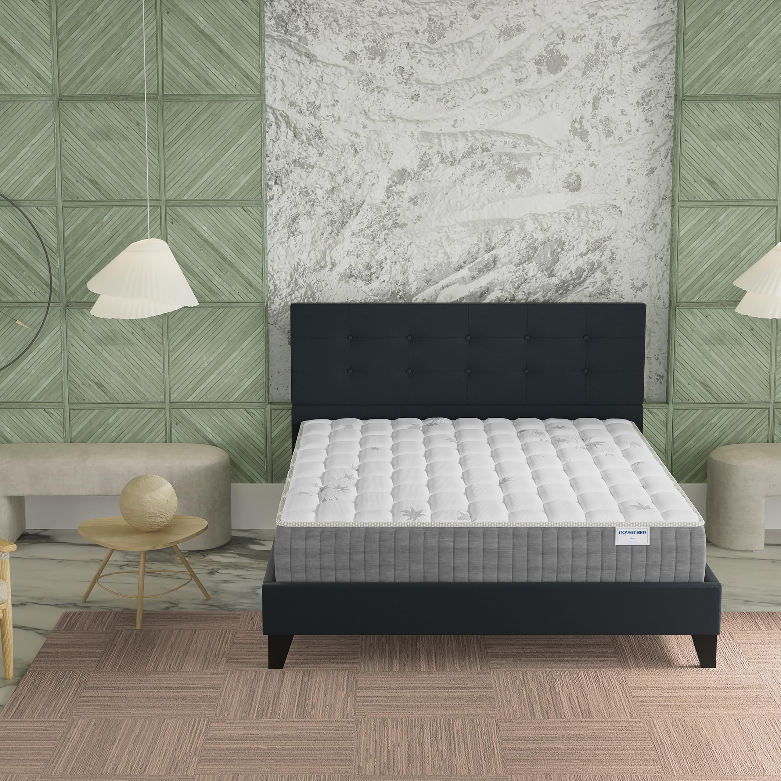 NOVEMBER- Ensemble Matelas + LIT (140x200cm)- Matelas Galice 25cm Ressorts ensachés & Mémoire de Forme+ Sommier tête de lit Bois Stable & Robuste revêtement synthétique Noir