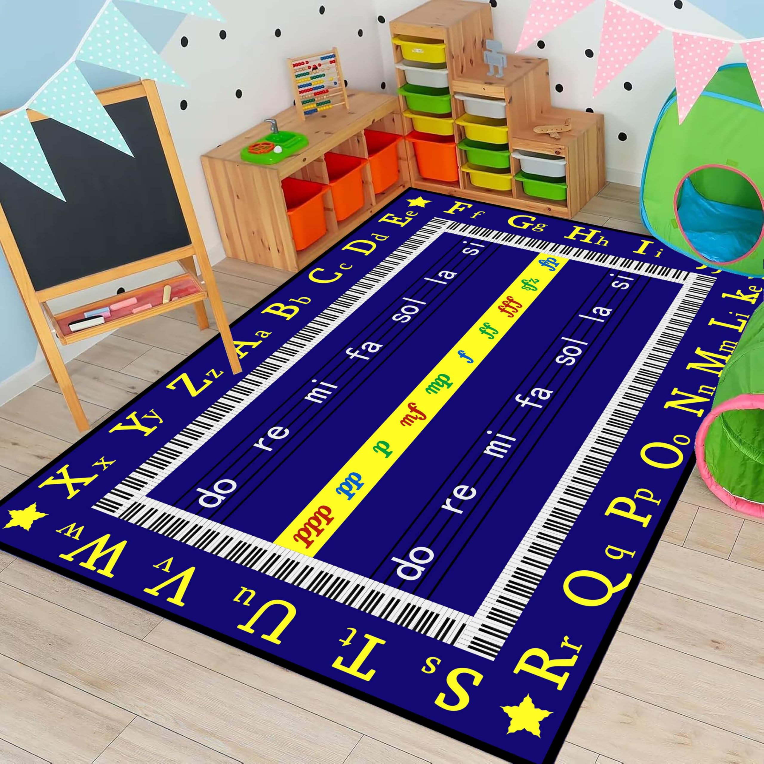 Children's Music Area Rug, 140x200cm ABC Alphabet Piano Music Pattern Play Rugs, Blue Washable Multi-Color Fun Learning Mat, Non-Slip Carpet Play Crawling Mat for Nurseries, Bedrooms Playrooms