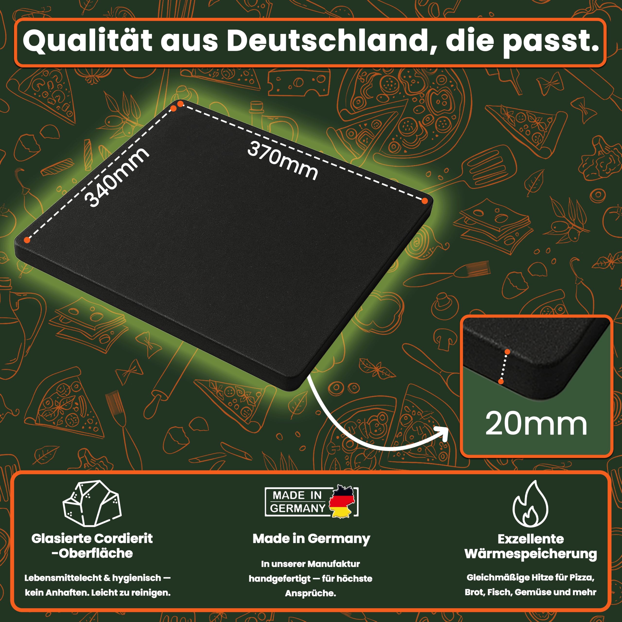 Pizzastein Rund 370x340x20mm Cordierit – Glasierter Pizza Stein für Holzkohle & Gasgrill, Hitzebeständig & Leicht zu Reinigen, Perfekt für Knusprige, Luftige Pizzaböden – Made in Germany | Glasierter Cordierit-Pizzastein 370 × 340 × 20 mm für Backofen, Ho