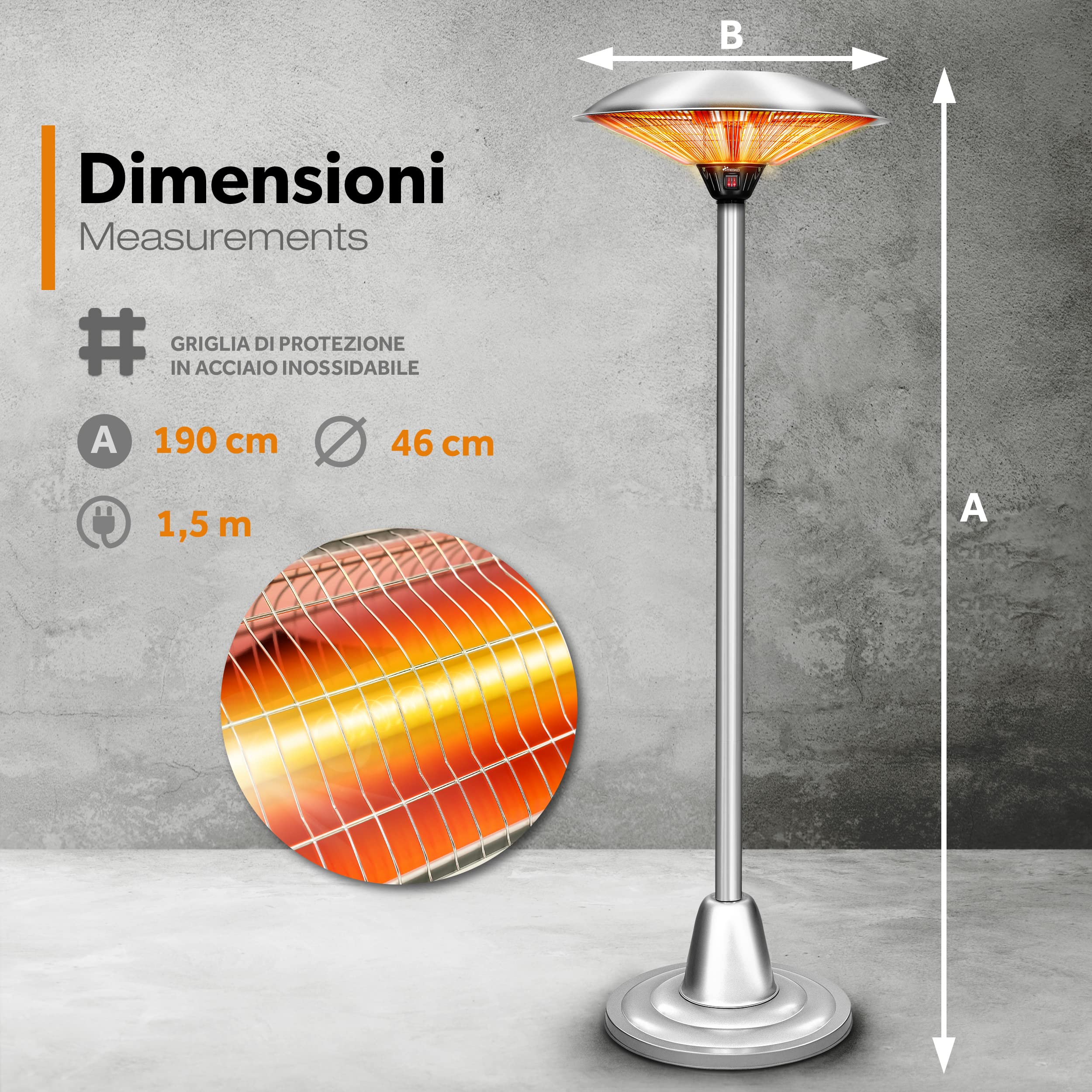 TRESKO Stufa a infrarossi 2500W | Riscaldatore Fungo elettrico da patio con 2 livelli di calore | interni ed esterni | Riscaldatore da stand con display a LED in quarzo a infrarossi