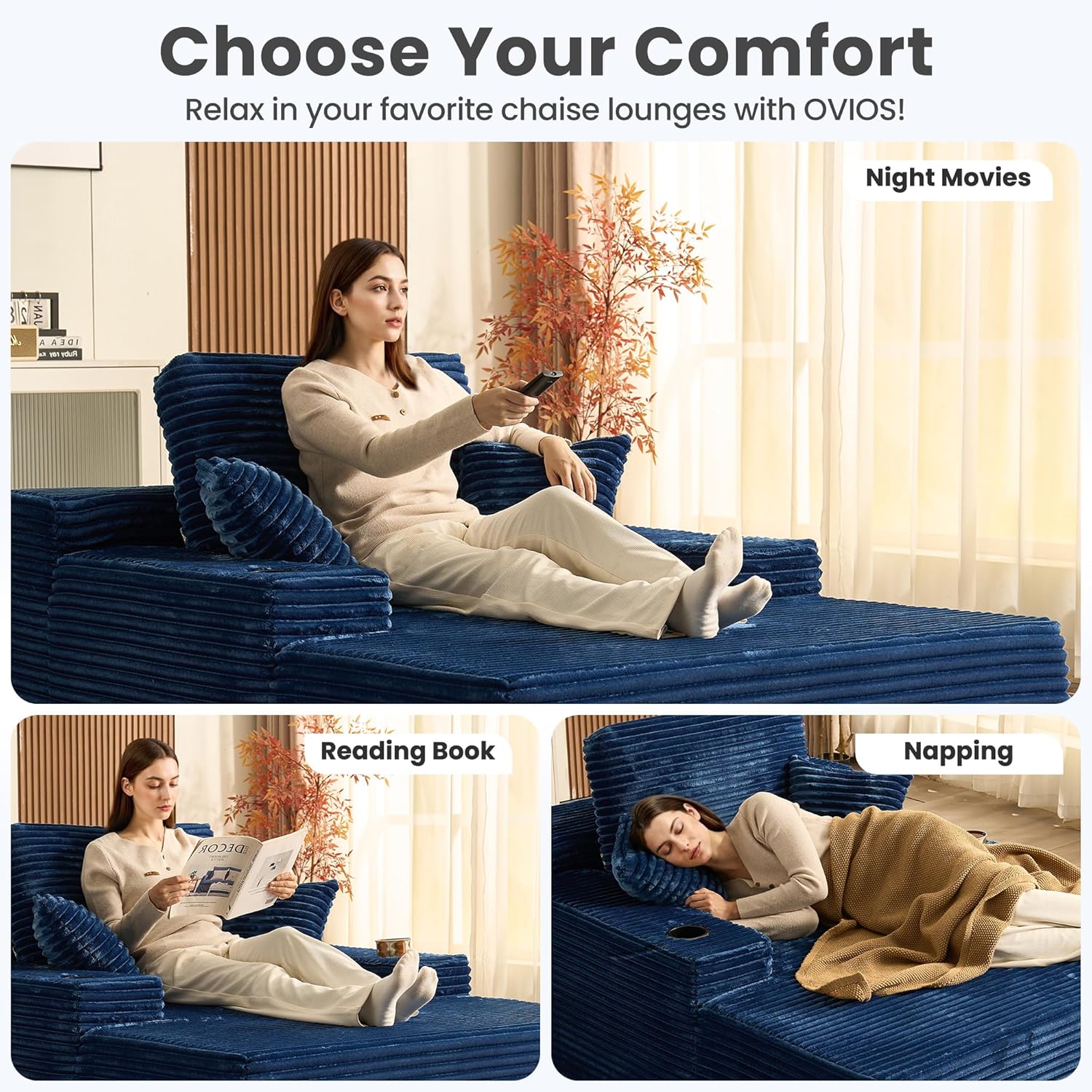ovios 67'' Chaise Lounge Chair Indoor, Oversized Upholstered Boneless Sofa Bed with Cup Holders, Deep Seat Sleeper Couch, Plush Cloud Sofas Couches for Living Room (Faux Fur, Blue)