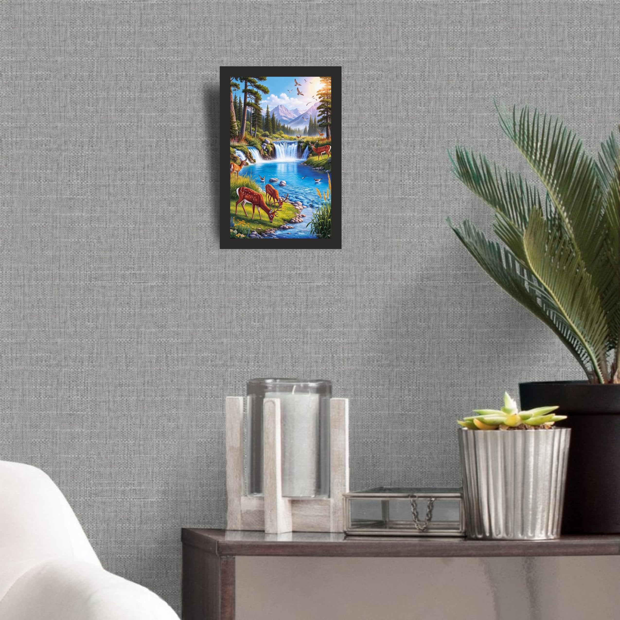 Waterfall Forest Wildlife Wall Art Frame 12x18 Inch