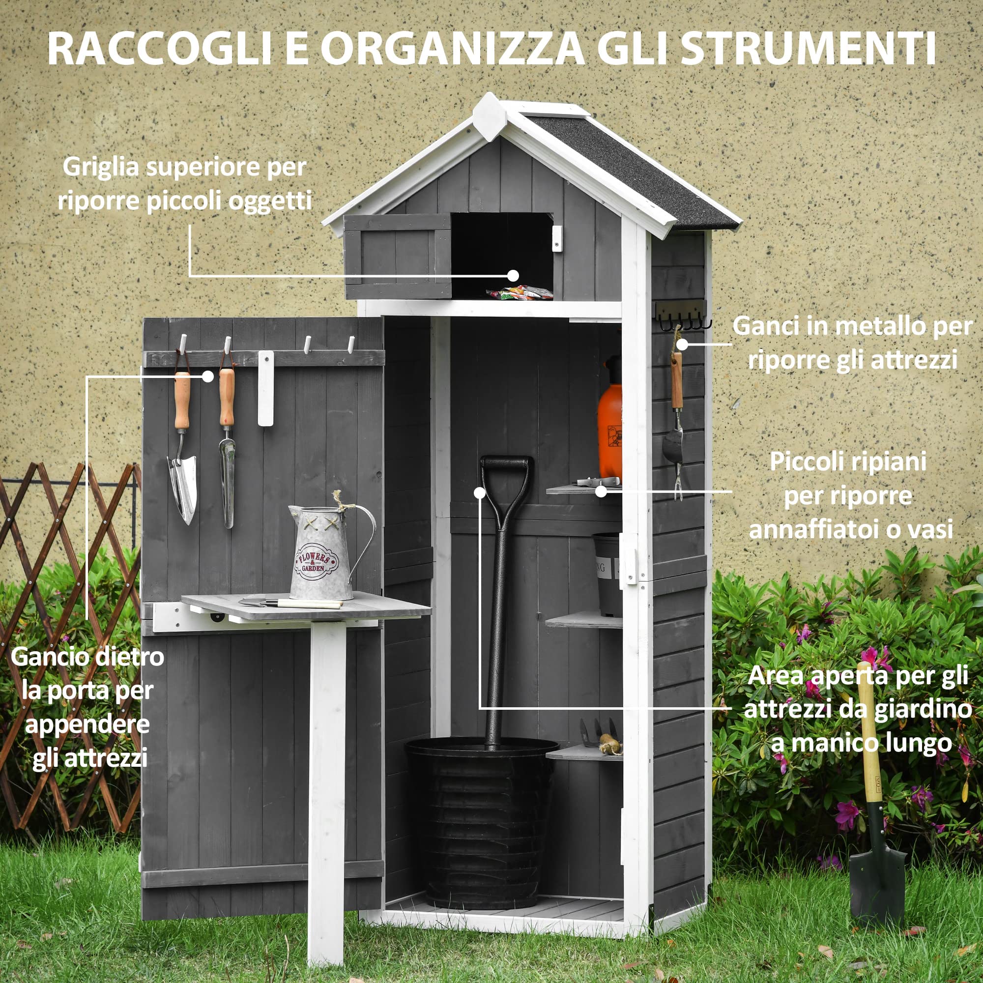 Outsunny Capanno da Giardino in Legno di Abete, 78x52.5x182 cm, Grigia
