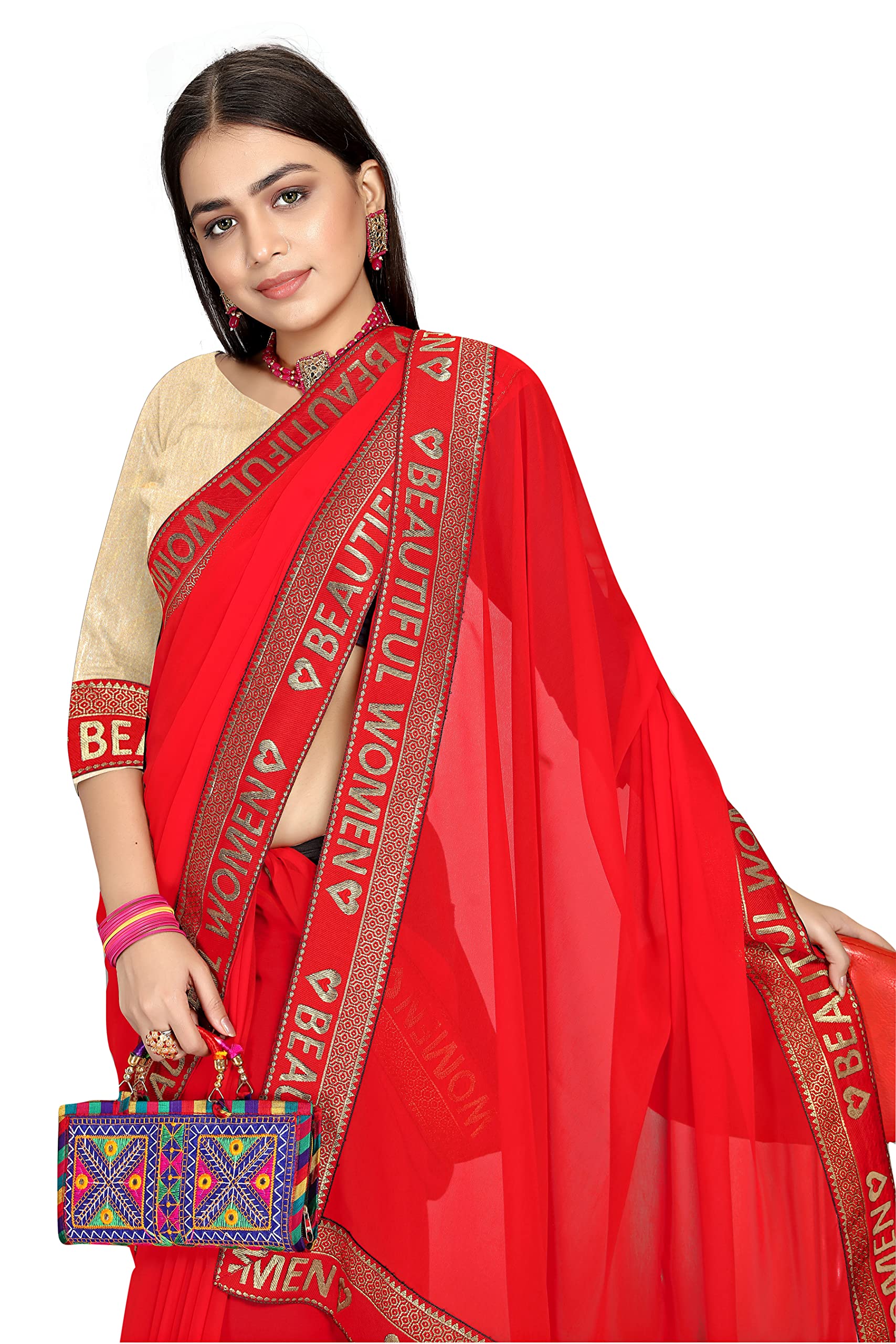 sadika Women's Beautiful Women Design Maharani Lace Border Georgette Chiffon Blend Saree With Blouse Piece