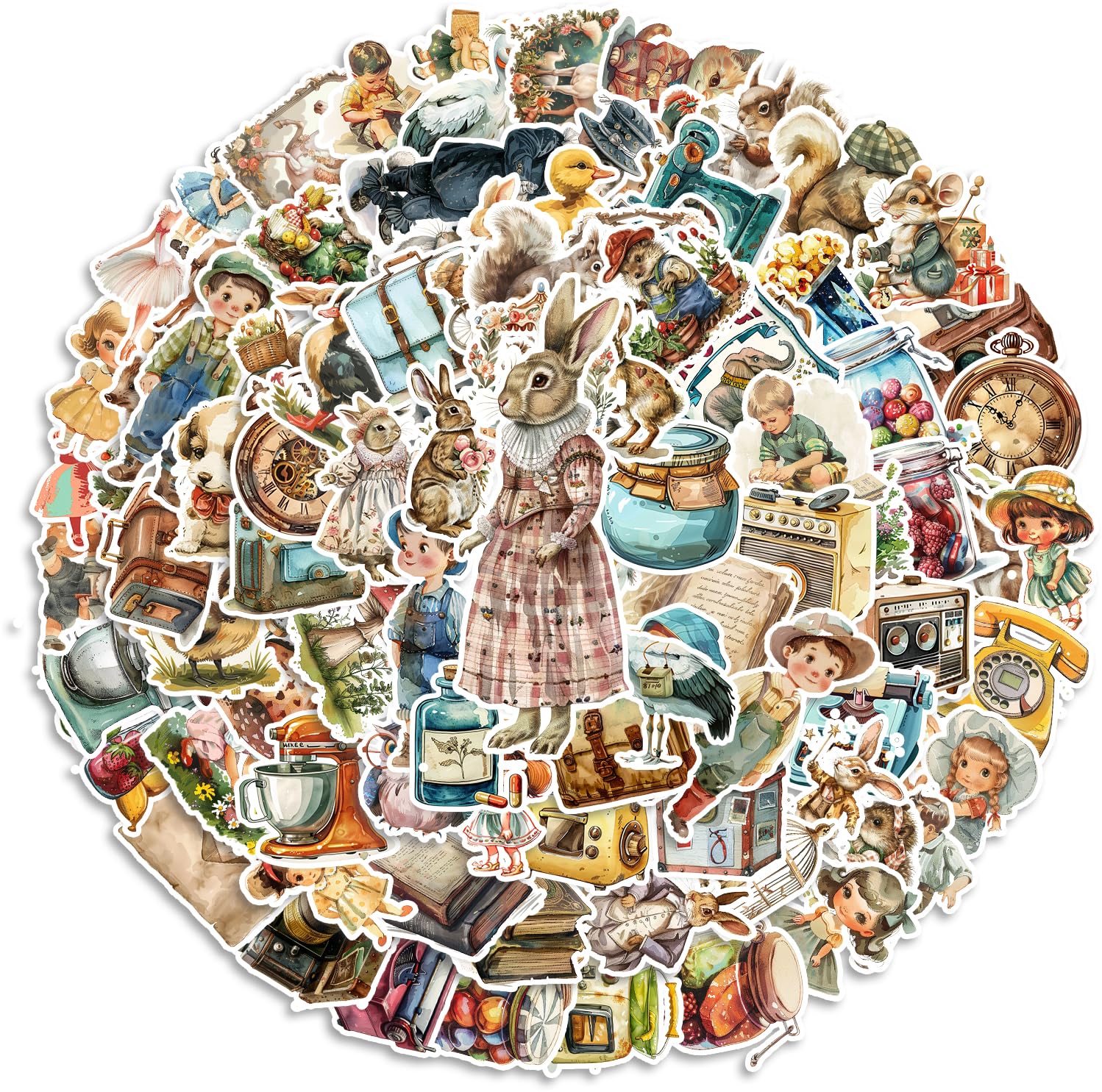 100pcs Victorian Bunny Vintage Doll Stickers, Retro Animal Petter Rabbit Journal Stickers for Scrapbooking Supplies Waterproof Junk Planner Sticker