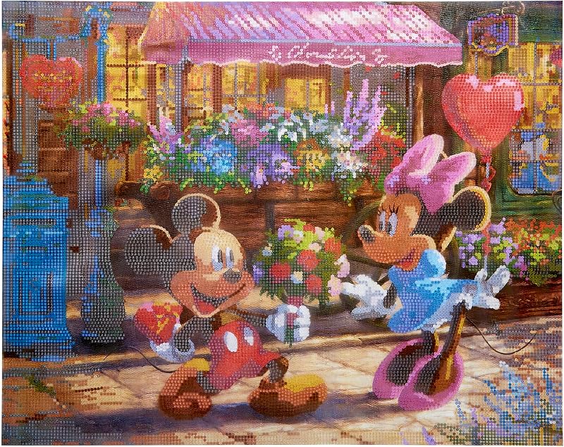RoseArt Disney Dreams Thomas Kinkade Diamond Art Painting Kits - Mickey & Minnie Sweetheart Cafe Scene- DIY Diamond Jewel by Number Art 20" x 16" Horizontal Canvas with Wooden Display Hanger