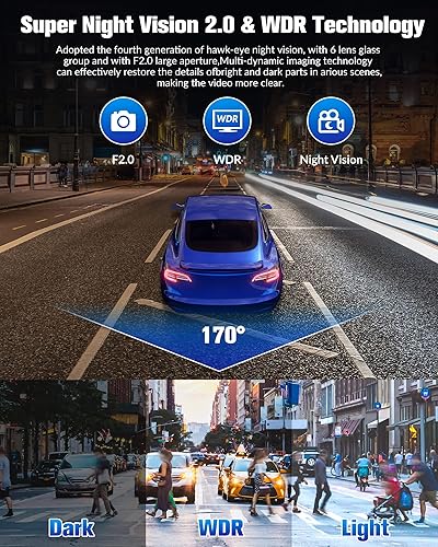 Miniatura 4 de Cámara de tablero para automóviles, cámara 4K Full HD Dash Cam frontal y trasera con tarjeta SD de 32 GB, visión súper nocturna incorporada,