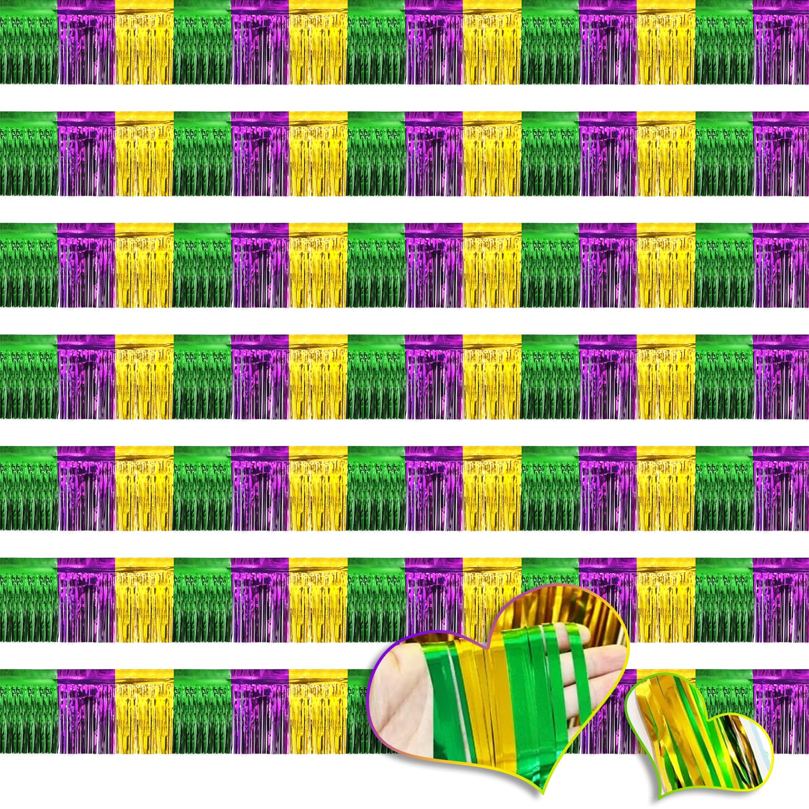 6 Pack Mardi Gras Foil Fringe Garland, Green Gold Purple Mardi Gras Fringe Curtain Backdrop, Wall Hanging Tinsel Streamers Backdrop for Parade Floats, Bachelorette Carnival Party Decorations (40Ft)