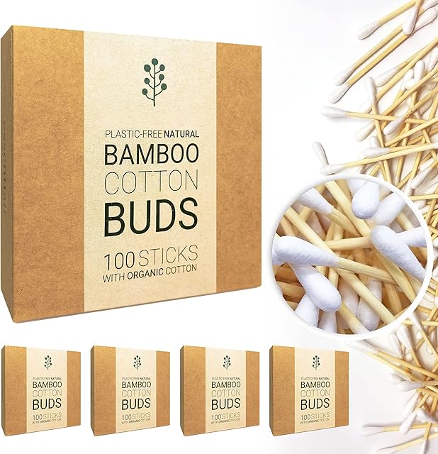 400 (4x100) Organic Premium Bamboo Cotton Buds with 100% Organic Cotton. This is a Zero Waste, Biodegradable, Plastic-Free, Eco Friendly, Vegan Product by Essentiall