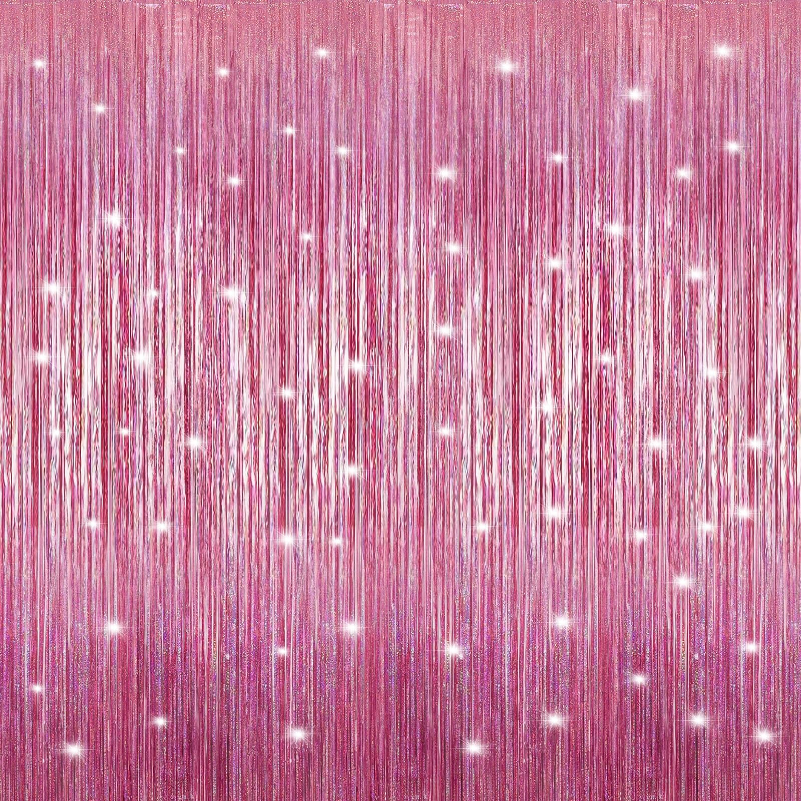 Crosize 2 Pack Laser Party Pink Streamers Backdrop, 3.3 x 9.9 ft | Tinsel Foil Fringe Curtain, Birthday Decorations, Party Decor, Door Streamers, Glitter Photo Backdrop