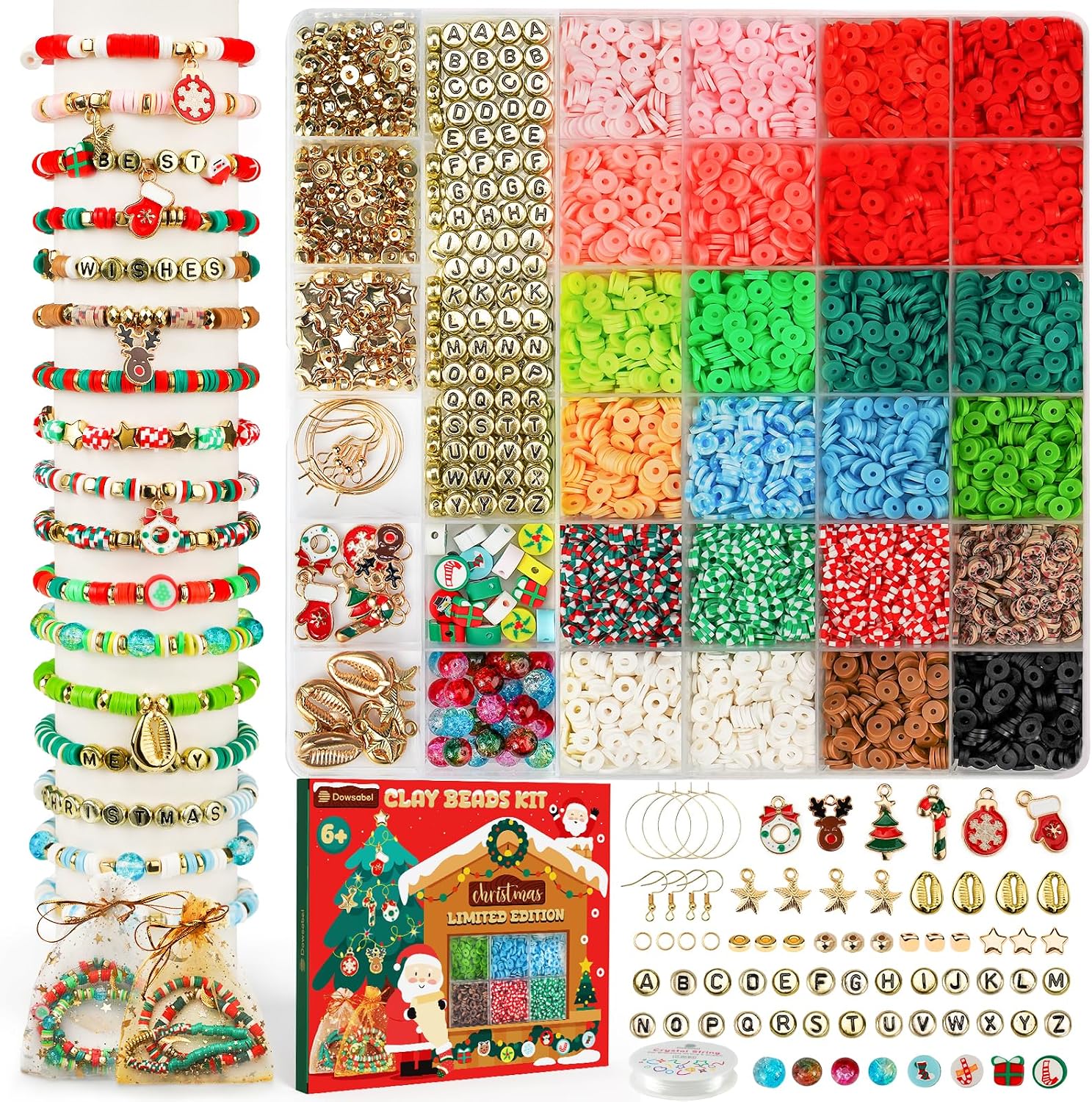 Dowsabel 6000 Pcs Christmas Clay Beads Bracelet Making Kit for Beginner, Clay Beads with Charms Kit for Jewelry Making Crafts DIY Arts and Crafts