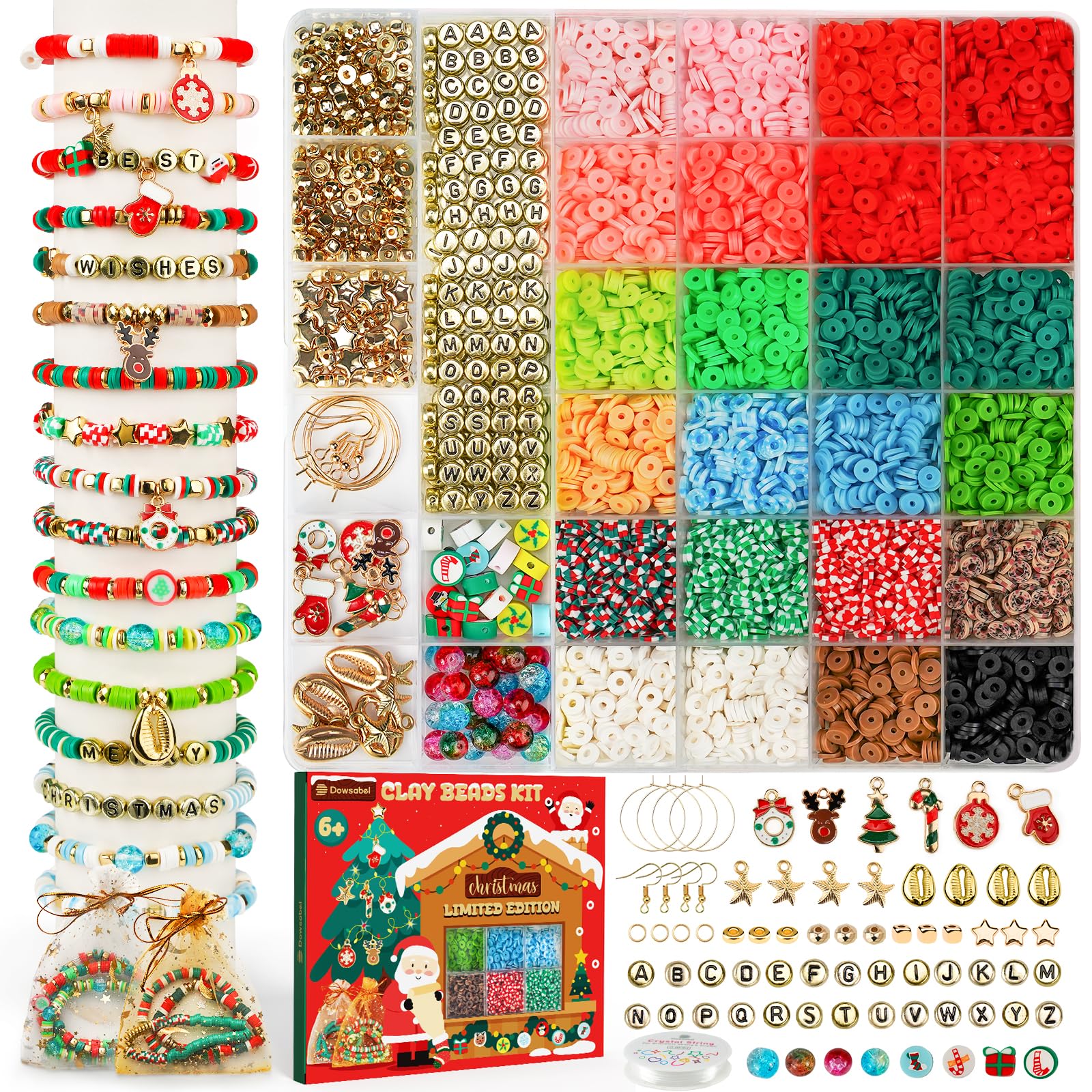 Dowsabel 6000 Pcs Christmas Clay Beads Bracelet Making Kit for Beginner, Clay Beads with Charms Kit for Jewelry Making Crafts DIY Arts and Crafts