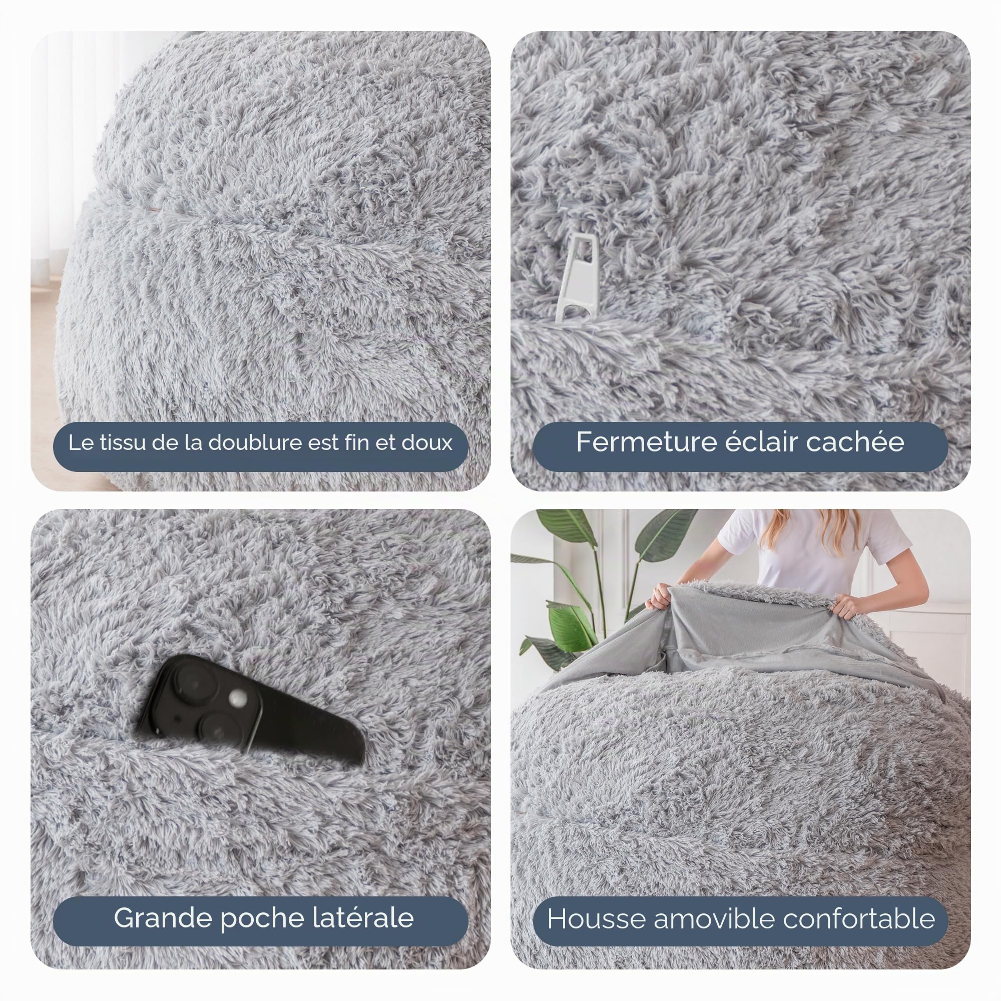 MAXYOYO Pouf géant - Transformable de pouf au lit - Grand canapé avec doublure en peluche et rembourrage moelleux inclus, pour adultes, couples, invités (gris, 135 x 190 cm)
