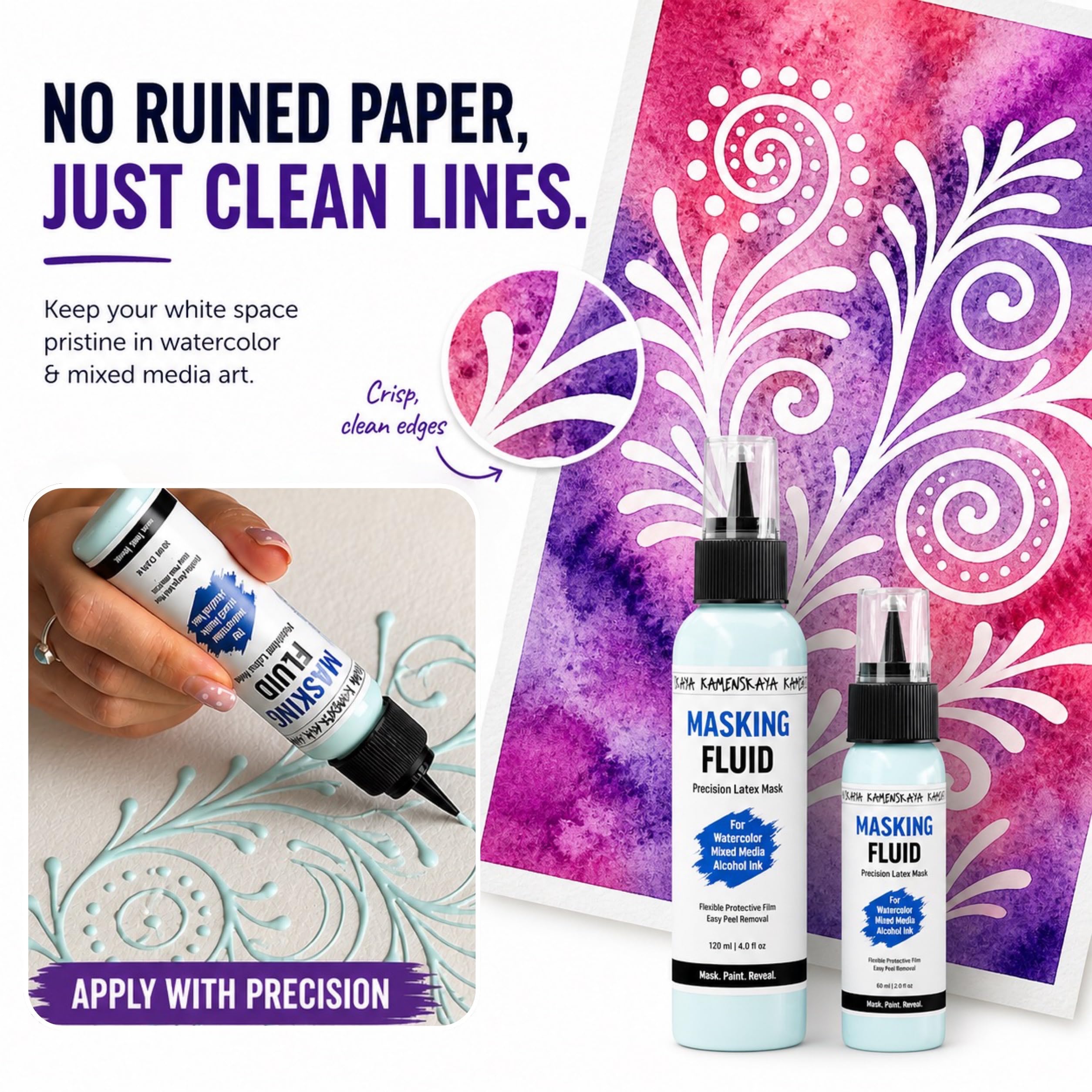KAMENSKAYA Líquido de enmascaramiento para pintura de acuarela, máscara líquida de látex natural con aplicador de bolígrafo de precisión, desarrollado por artistas para acuarela, tinta de alcohol y