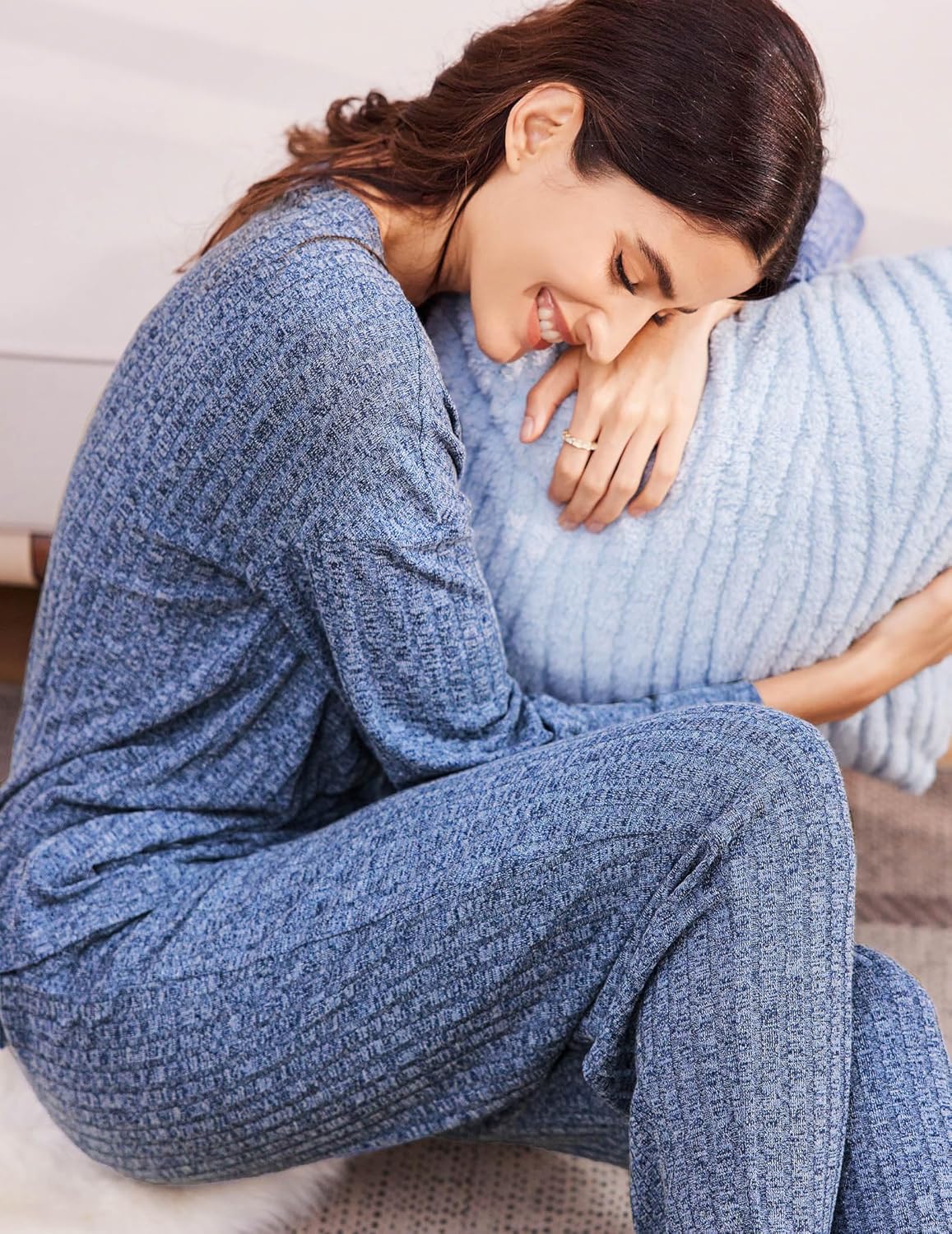 Ekouaer Womens Ribbed Knit Lounge Set Long Sleeve Henley Neck Top and Long Pants Two Piece Soft Sleepwear Matching Outfits - Image 4