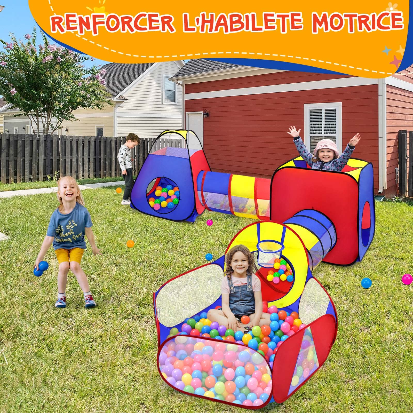 Opret 5 en 1 Pop Up Tente Tunnel Enfant, avec Piscine a Balle pour Bébé, Pliable Maison de Jeux Exterieur et Interieure pour Garçons Filles Cadeau de Noël d'anniversaire (sans balles)