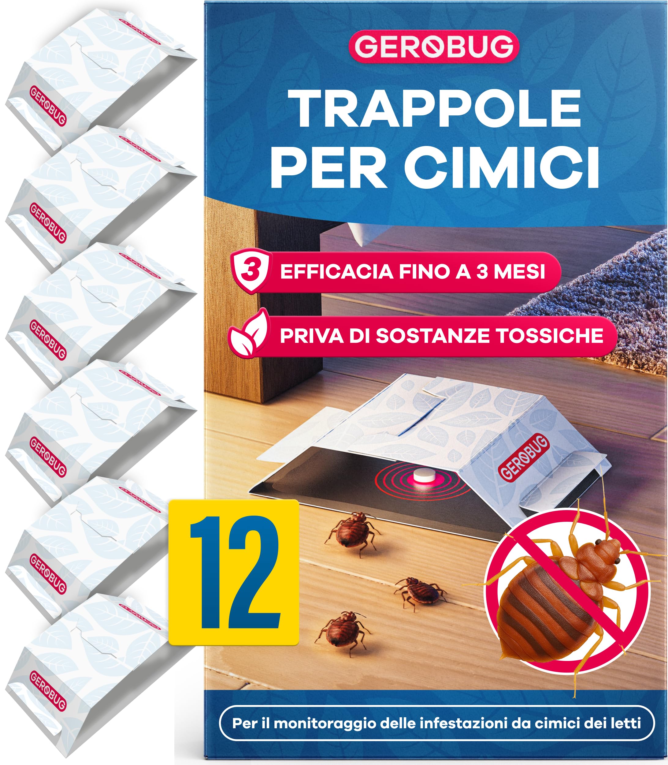 Gerobug Trappola per Cimici da Letto 12 Pezzi - Efficaci Trappole Adesive con Forte Attrattivo per la Rilevazione Precoce delle Cimici da Letto - Monitoraggio senza Sostanze Chimiche & Immediatamente