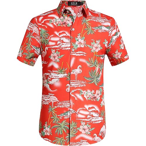 SSLR Mens Hawaiian Shirt Flamingos Casual Short Sleeve Button Down Shirts Aloha Shirt