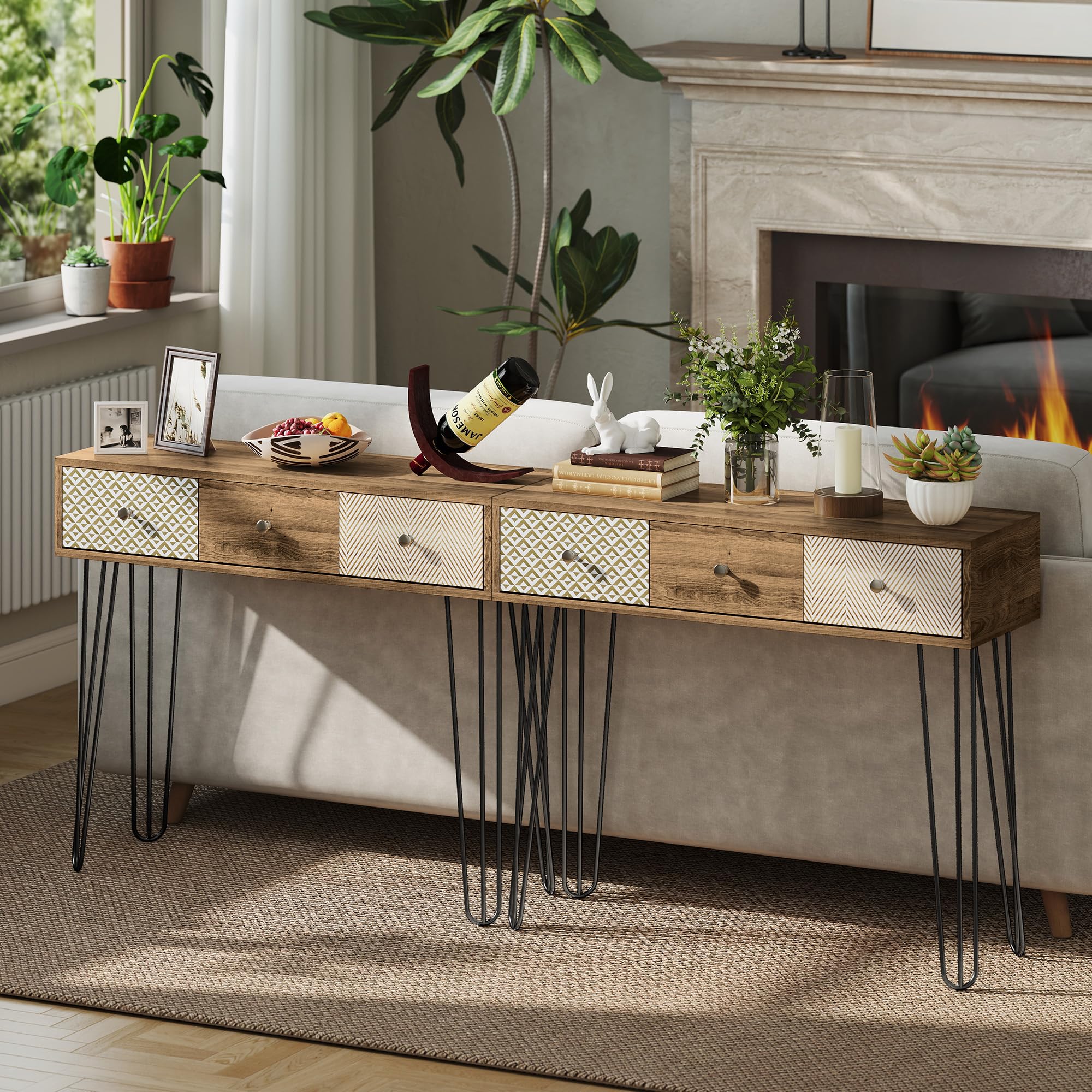 HOMCOM Mesa de Consola, Mesa de Sofá con 3 Cajones Estrecha, Natural