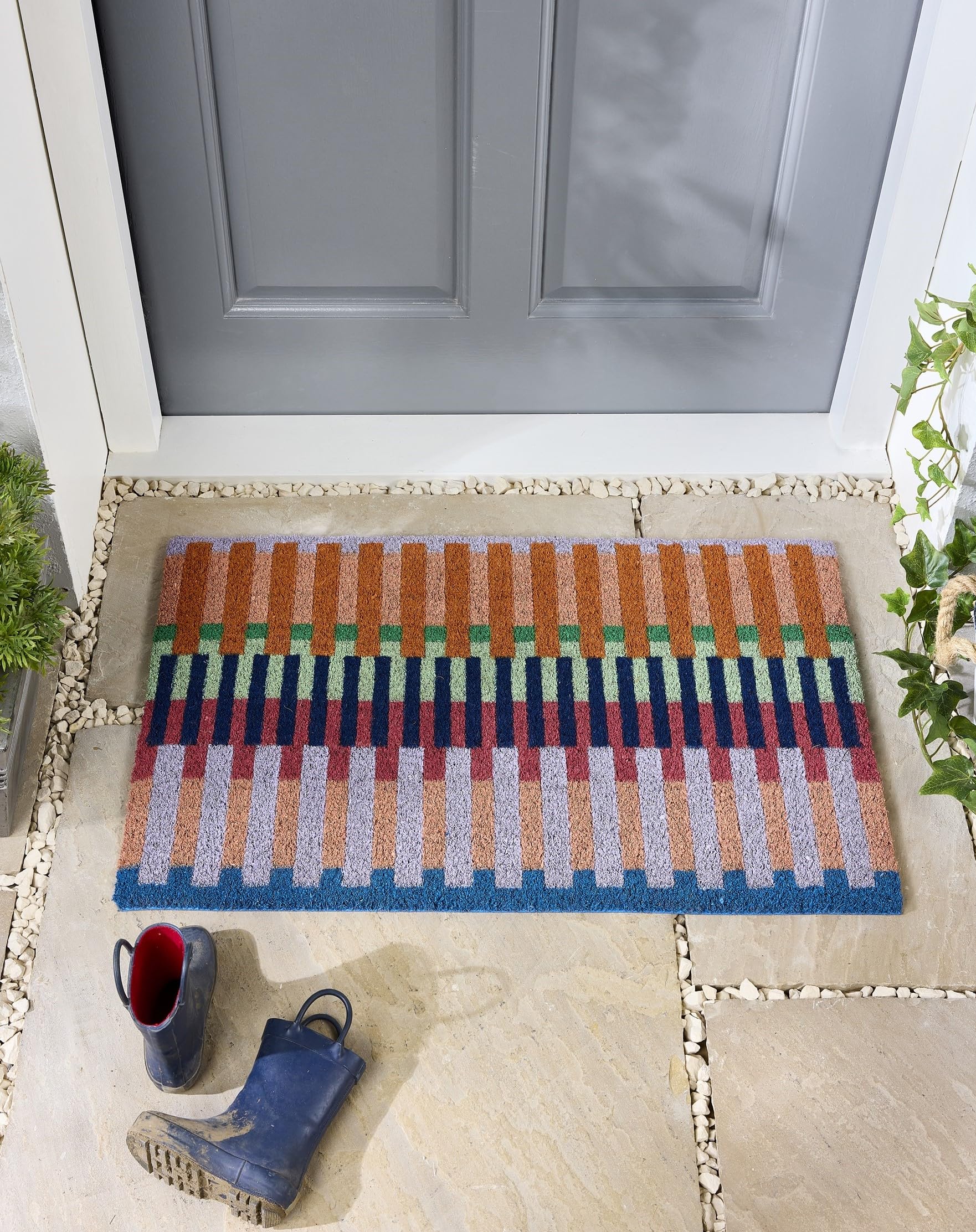 Coir Door Mat for Doorway, Home Entry, Balcony, Garden, Dirt Trapper Entrance Indoor Outdoor Non-Slip Absorbent Welcome Mat Natural Doormat in 45 x 75 cm (Bright Broken Stripe Multi)