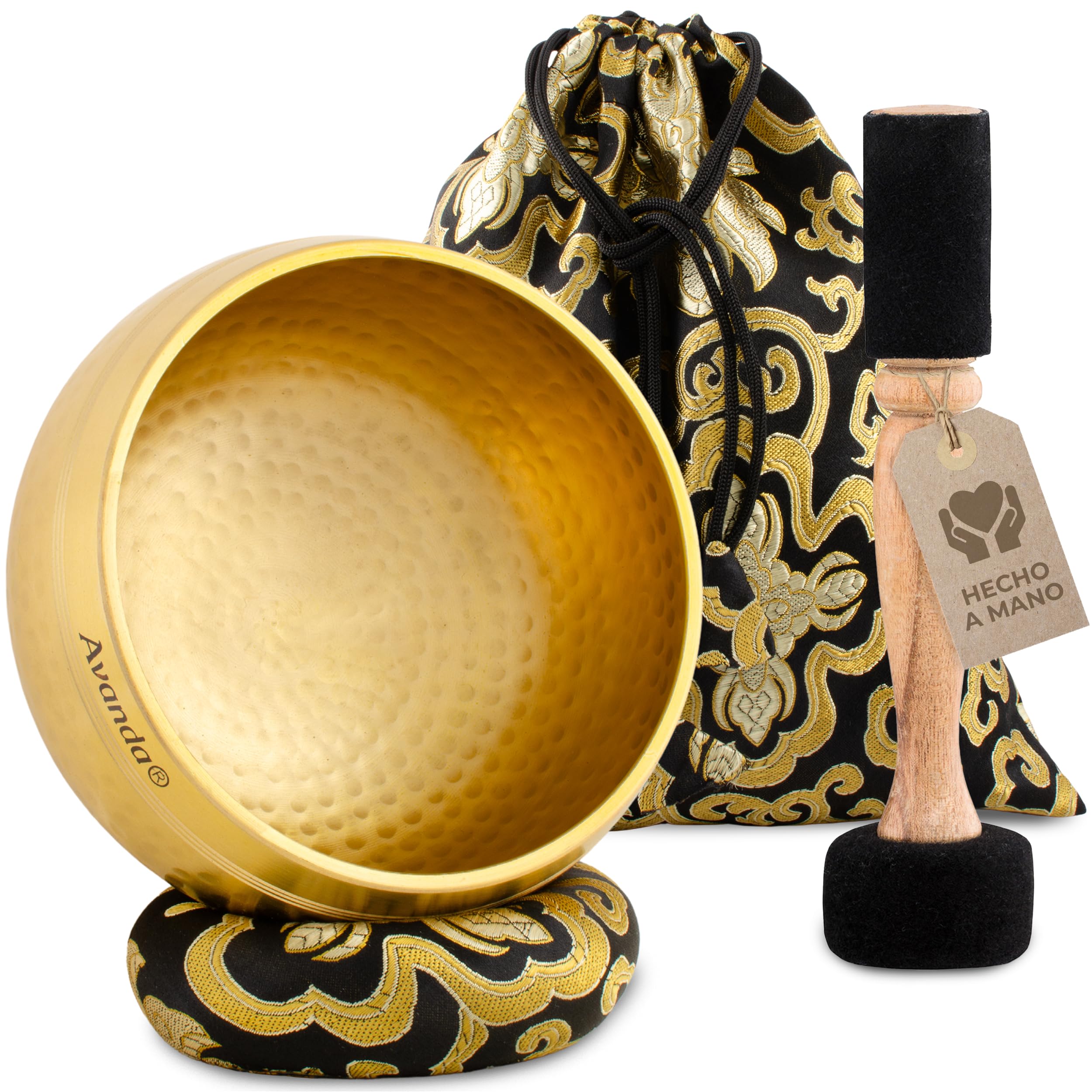 Juego de Cuenco Tibetano para Yoga, Meditación y Relajación - Cuenco Tibetano Martillado Ø 13,5 cm, Mazo Doble con Fieltro y Cuero, Cojín Anular, Bolsa e Instrucciones