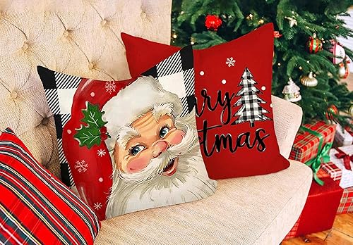 Miniatura 3 de 4TH Emotion Juego de 4 fundas de almohada navideñas a cuadros de búfalo de 20 x 20 pulgadas, decoraciones navideñas de granja, árbol de Navidad,