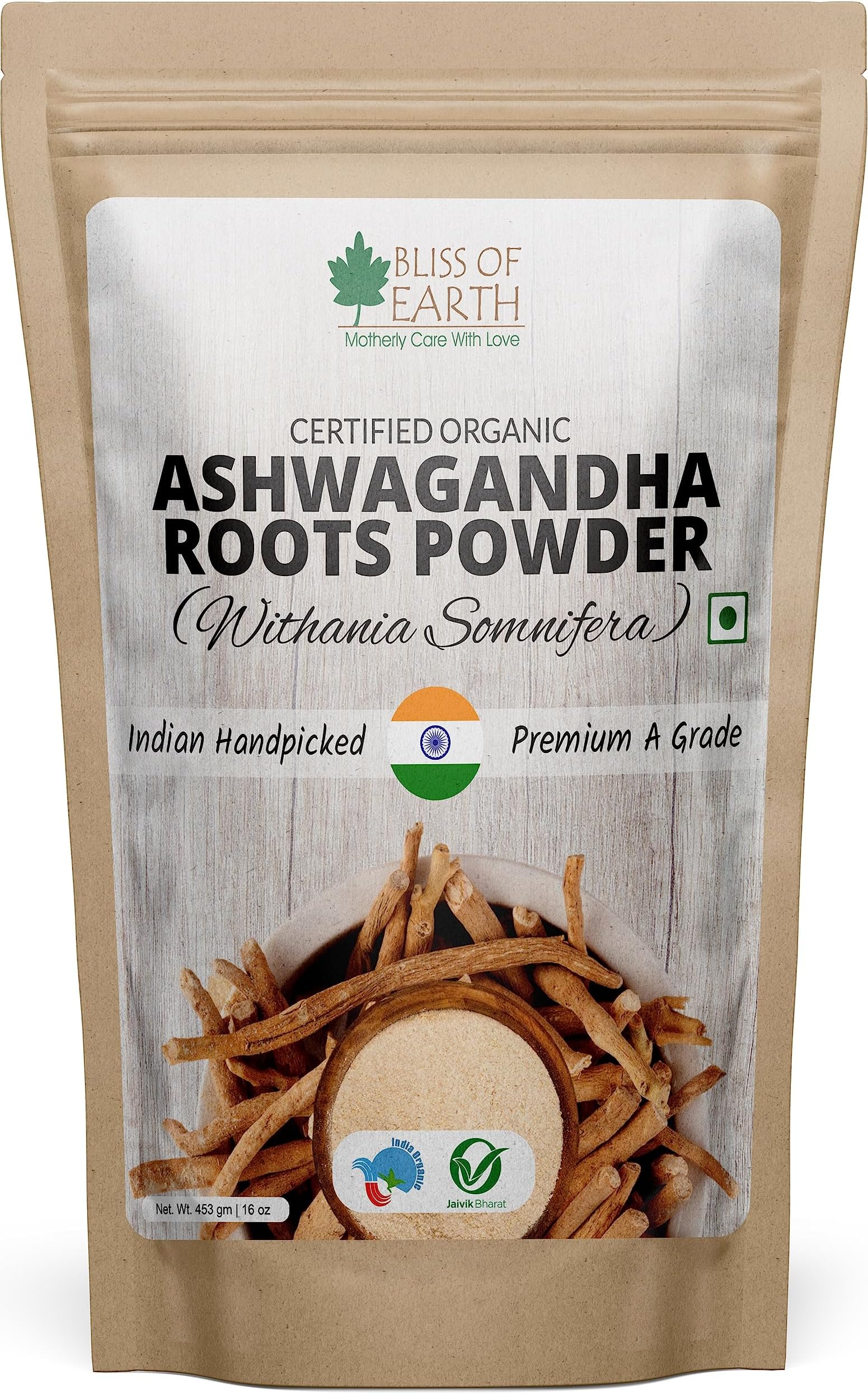 Bliss of Earth Ashwagandha Powder, Organic Stress Relief Supplement, 453g, Ayurvedic Herbal Adaptogen for Energy and Focus