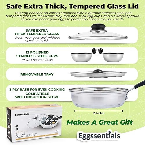 Miniatura 6 de Eggssentials - Sartén de acero inoxidable para hacer huevos escalfados, de grado alimenticio, libre de ácido perfluorooctanoico (PFOA), con espátula